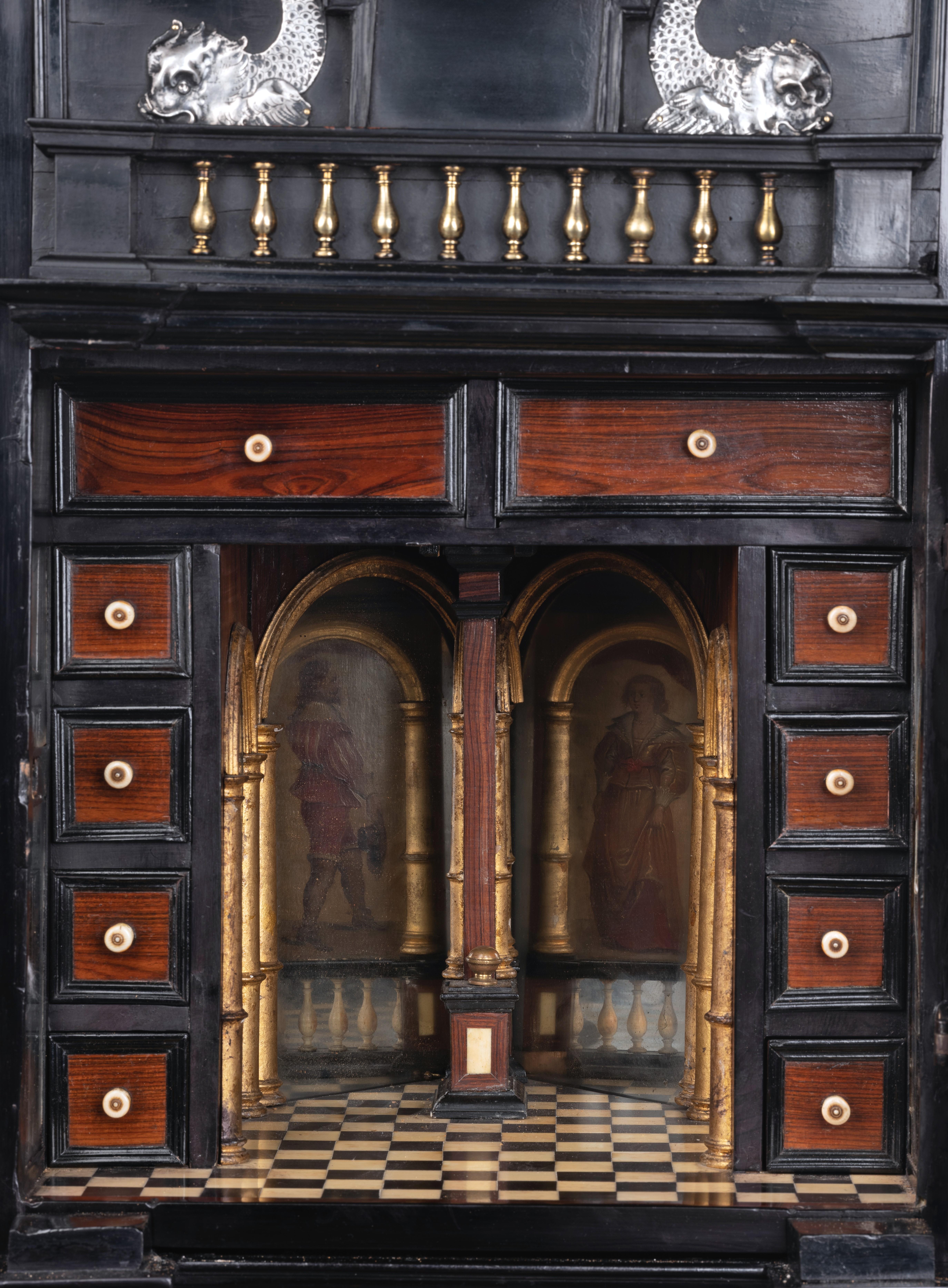 Belgian 17th century ebonized Antwerp cabinet with painted panels, circle 1630 For Sale