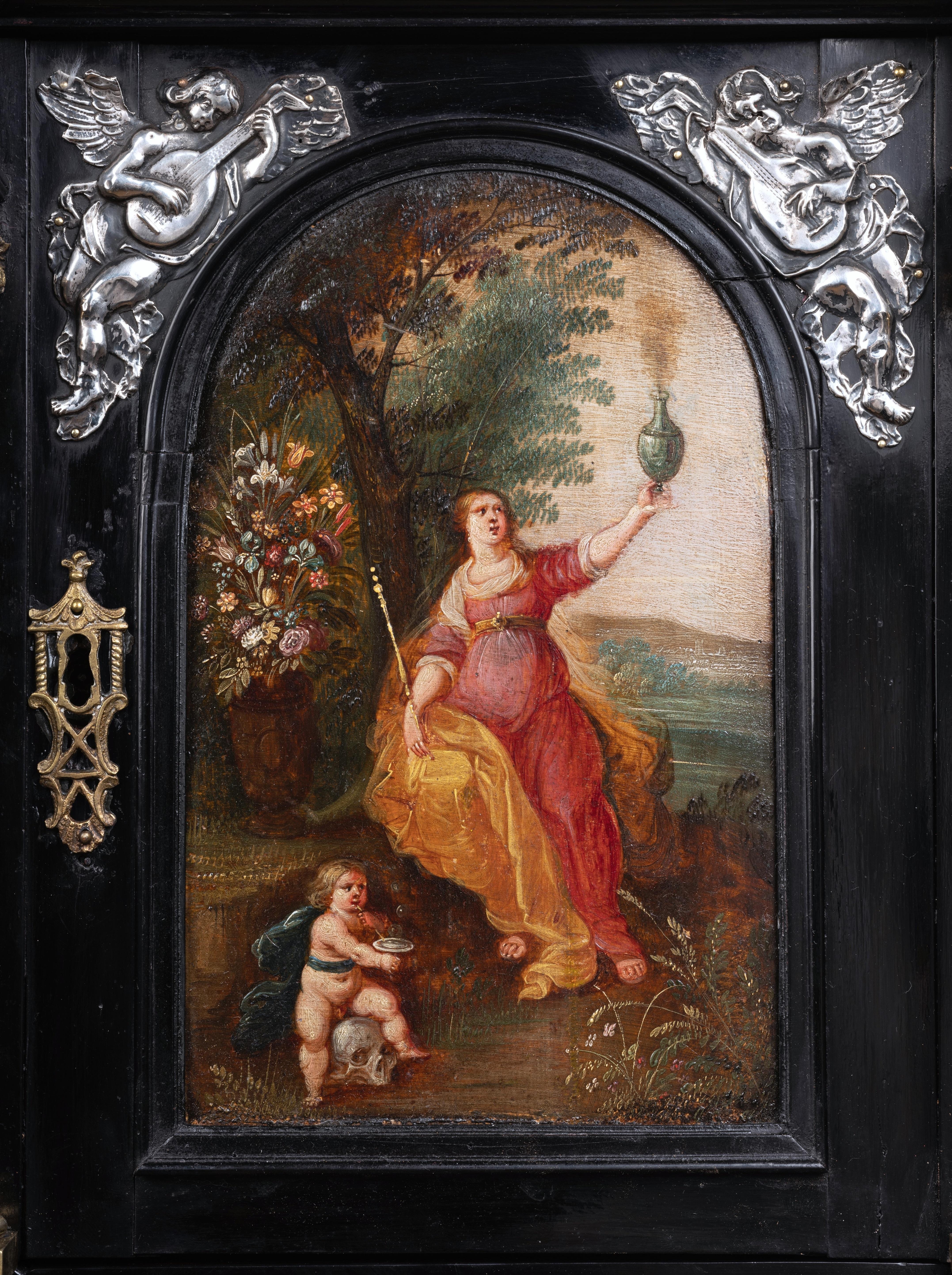 Ebonized 17th century ebonized Antwerp cabinet with painted panels, circle 1630 For Sale