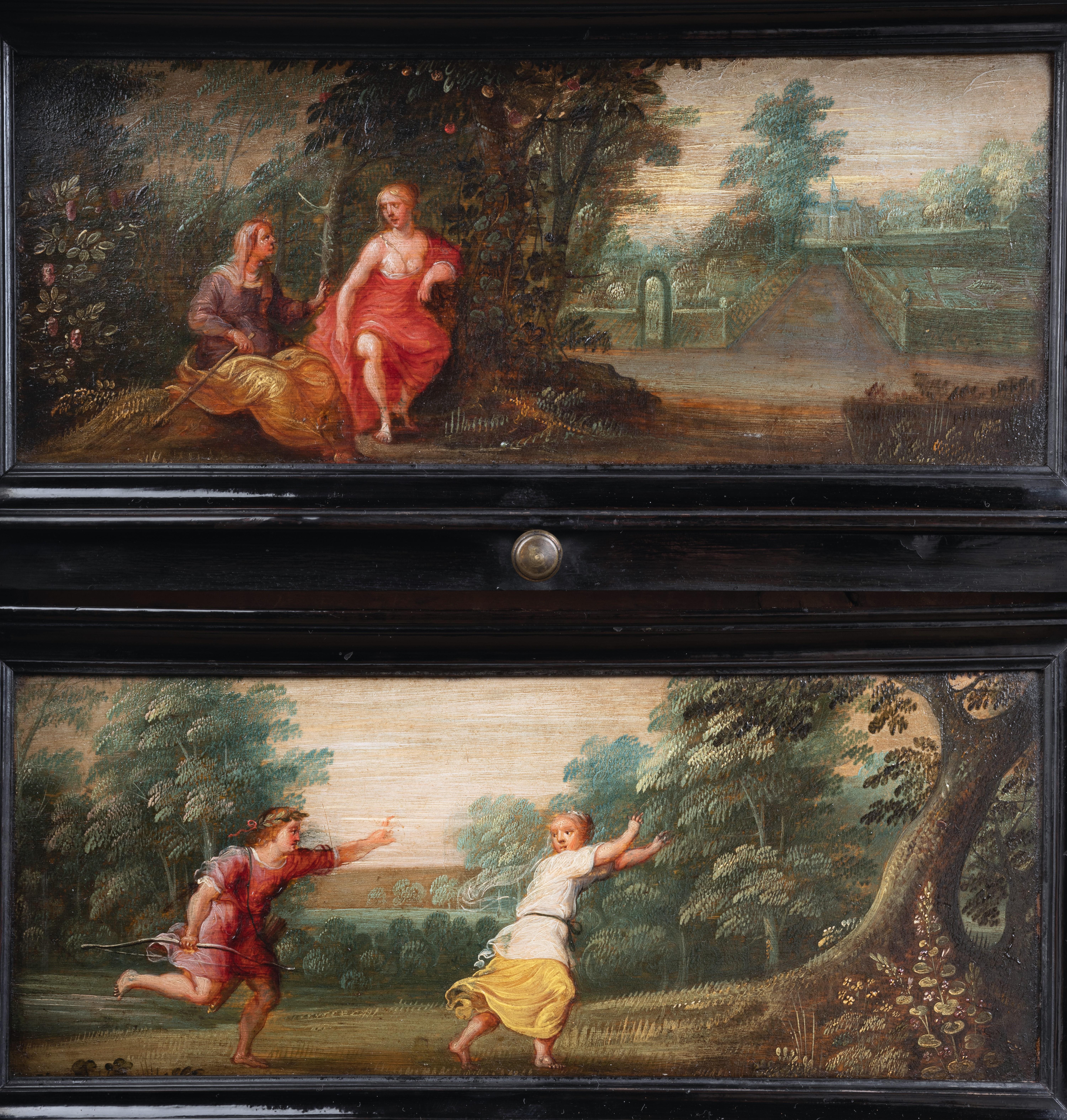 Wood 17th century ebonized Antwerp cabinet with painted panels, circle 1630 For Sale
