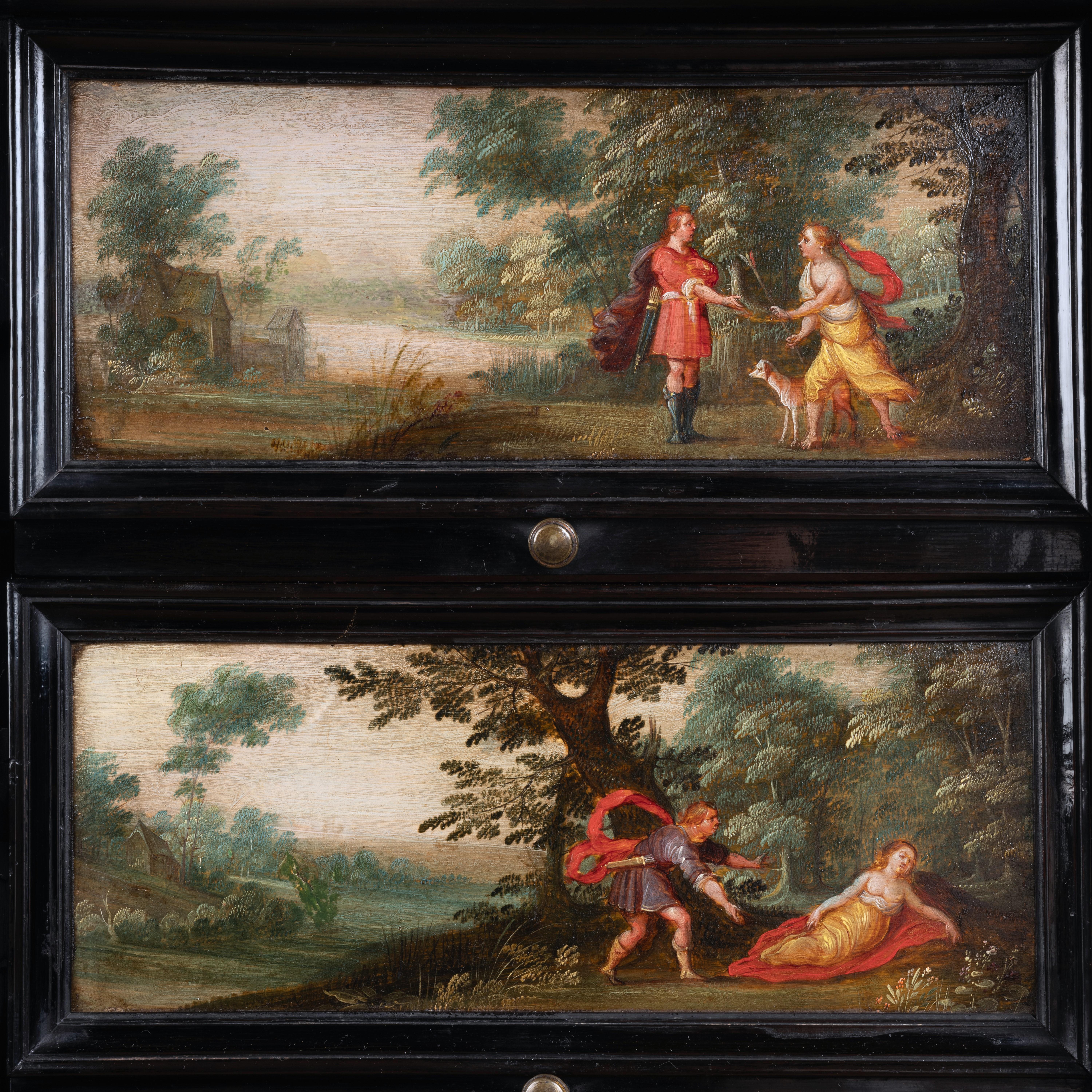 17th century ebonized Antwerp cabinet with painted panels, circle 1630 For Sale 1