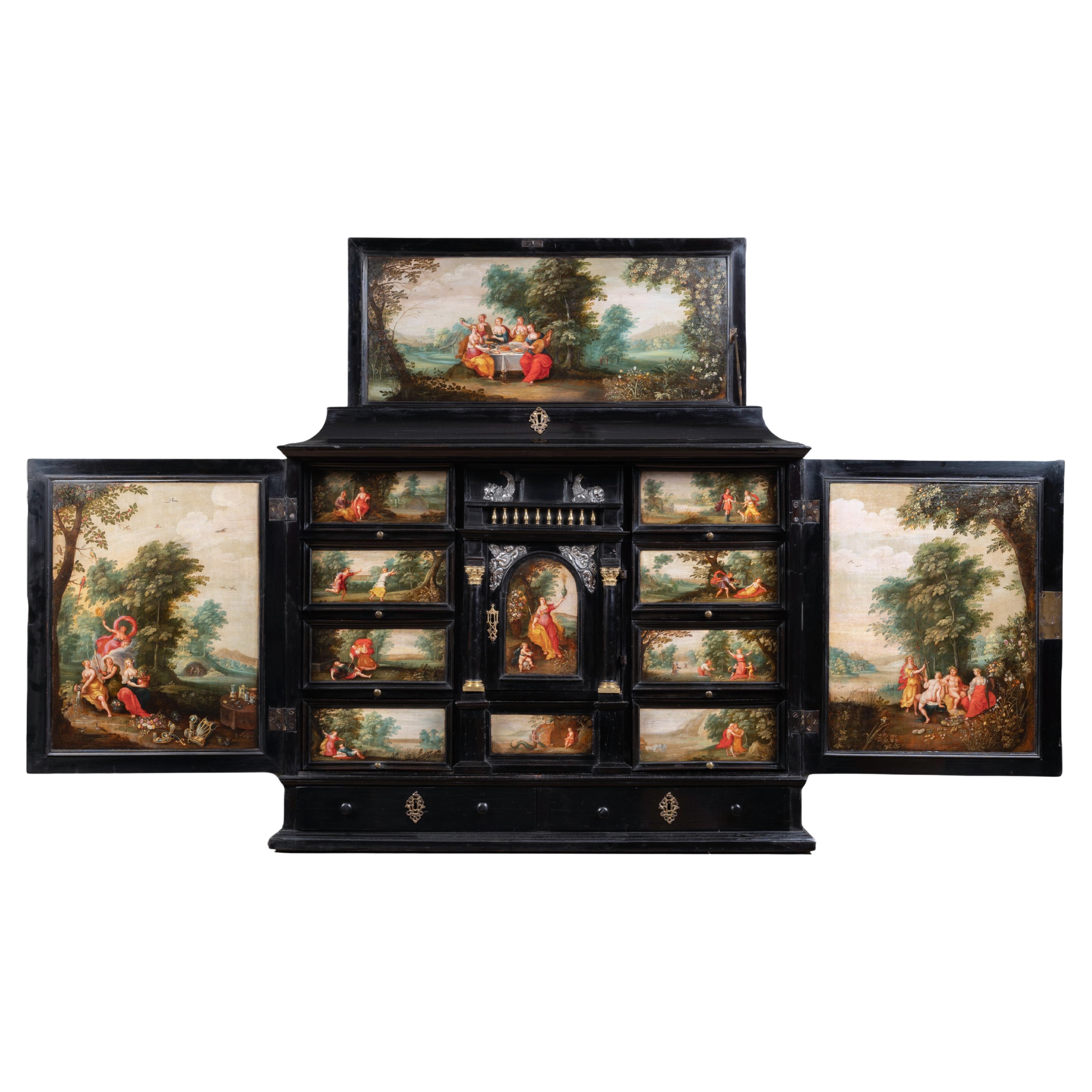 Ebonisierter Antwerpener Schrank des 17. Jahrhunderts mit lackierten Tafeln, Kreis 1630