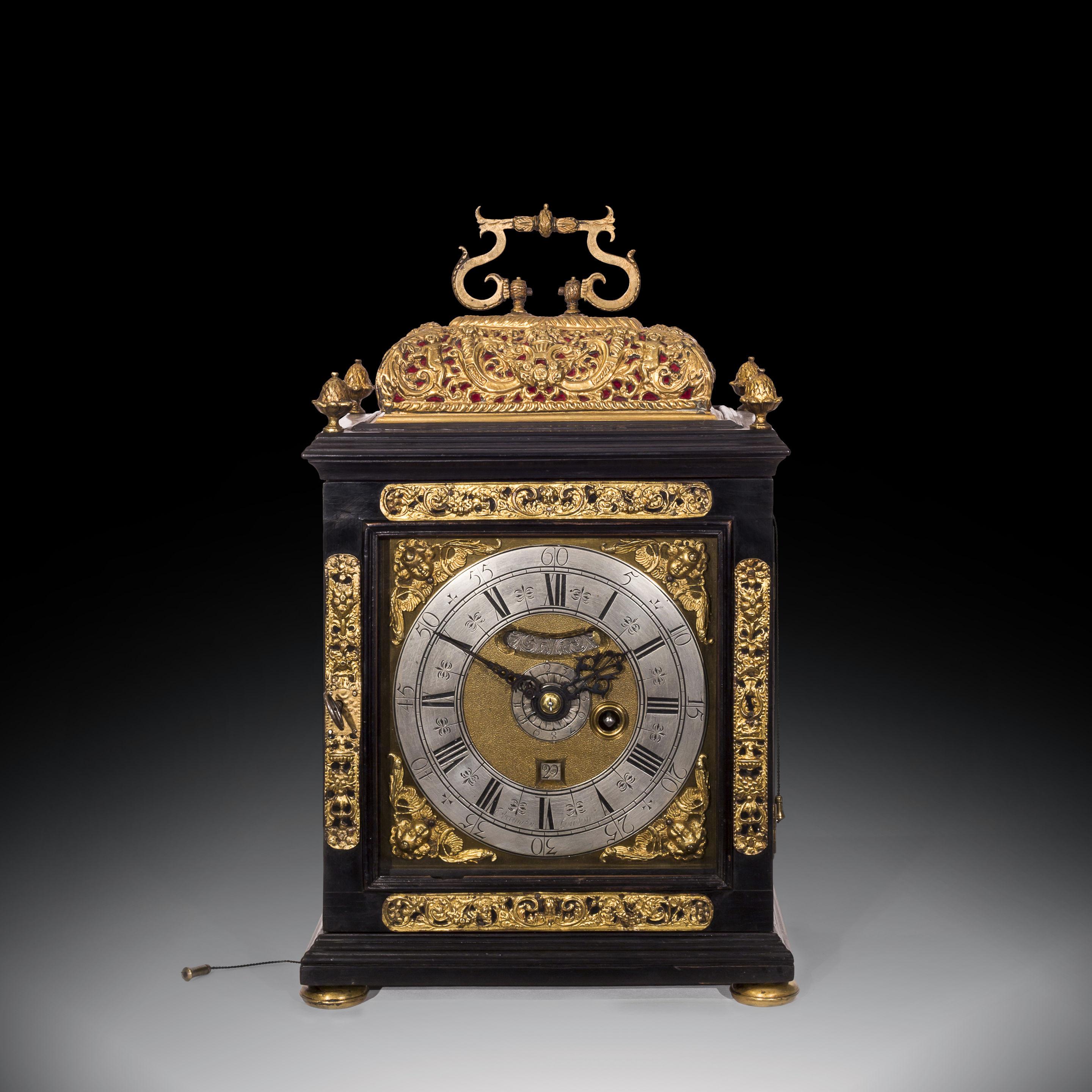 William and Mary 17th Century Ebony Veneered Table Clock with Alarm and Pull Quarter Repeat