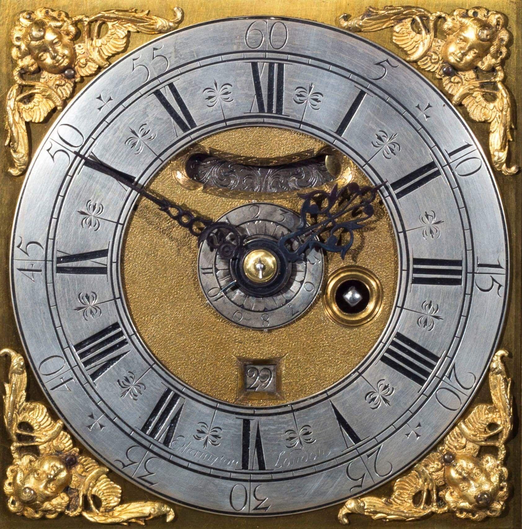 Late 17th Century 17th Century Ebony Veneered Table Clock with Alarm and Pull Quarter Repeat