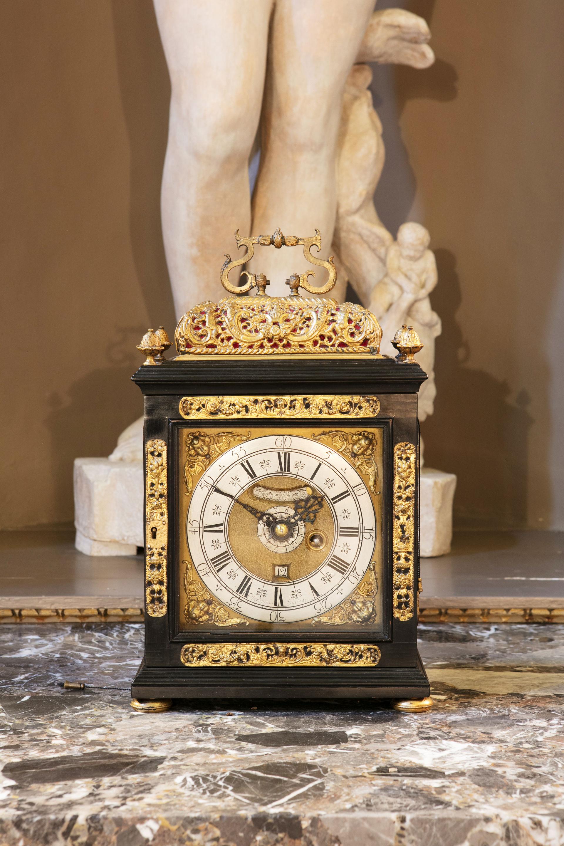 17th Century Ebony Veneered Table Clock with Alarm and Pull Quarter Repeat 1