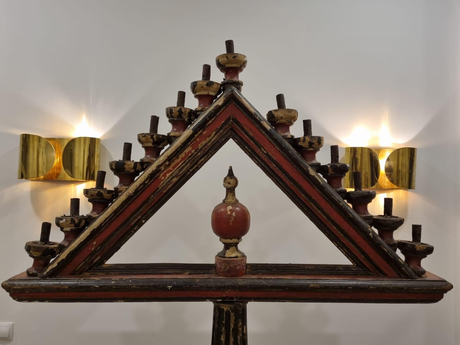 Renaissance era wooden candlestick date to the mid to late 1600’s. it was likely commissioned as altar candelabra for a French chapel. over 90in. tall, beautiful wide stance, original condition, age separations, some losses of motifs, abrasions, and
