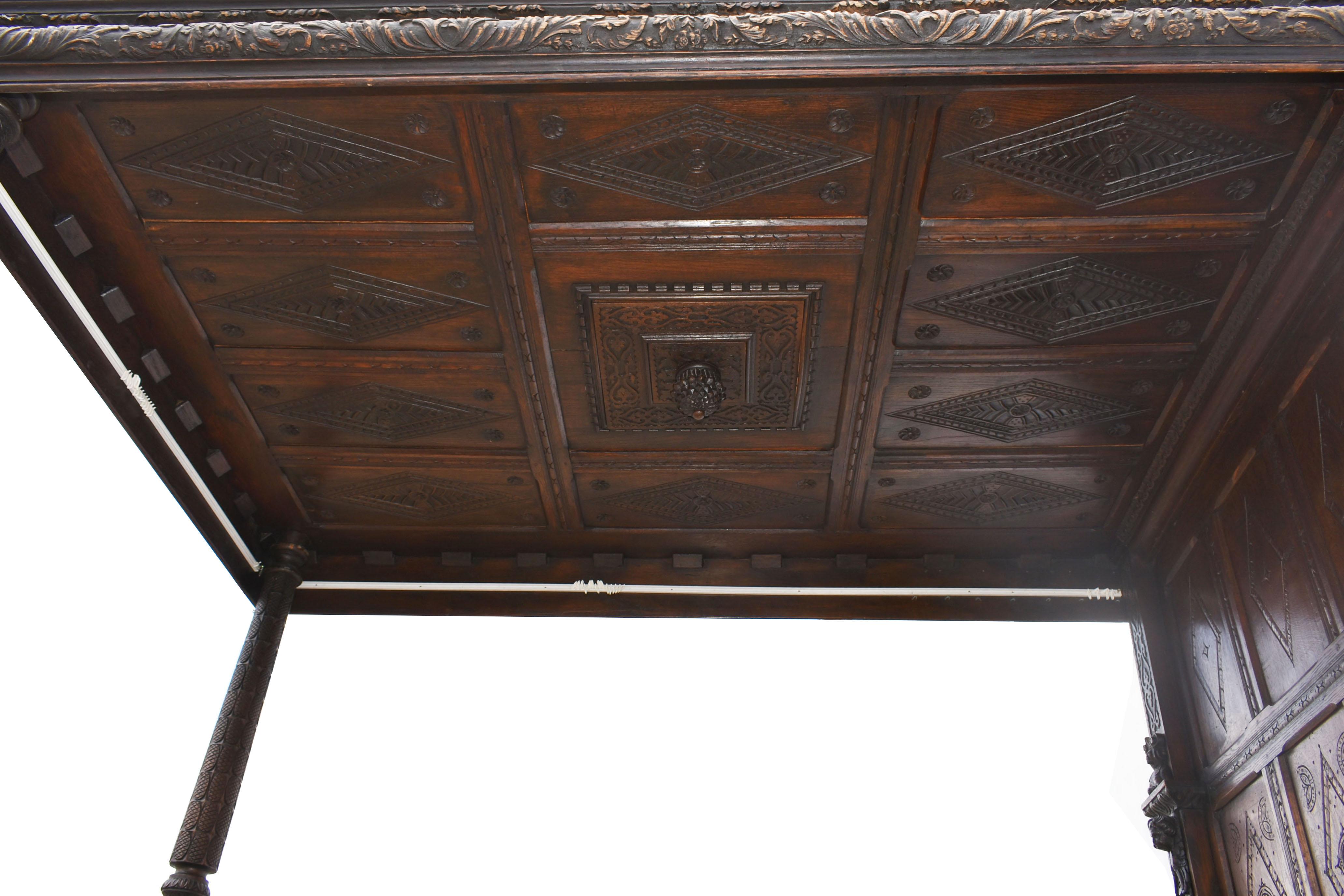 17th Century Elizabethan Style Carved Oak Four-Poster Bed 3