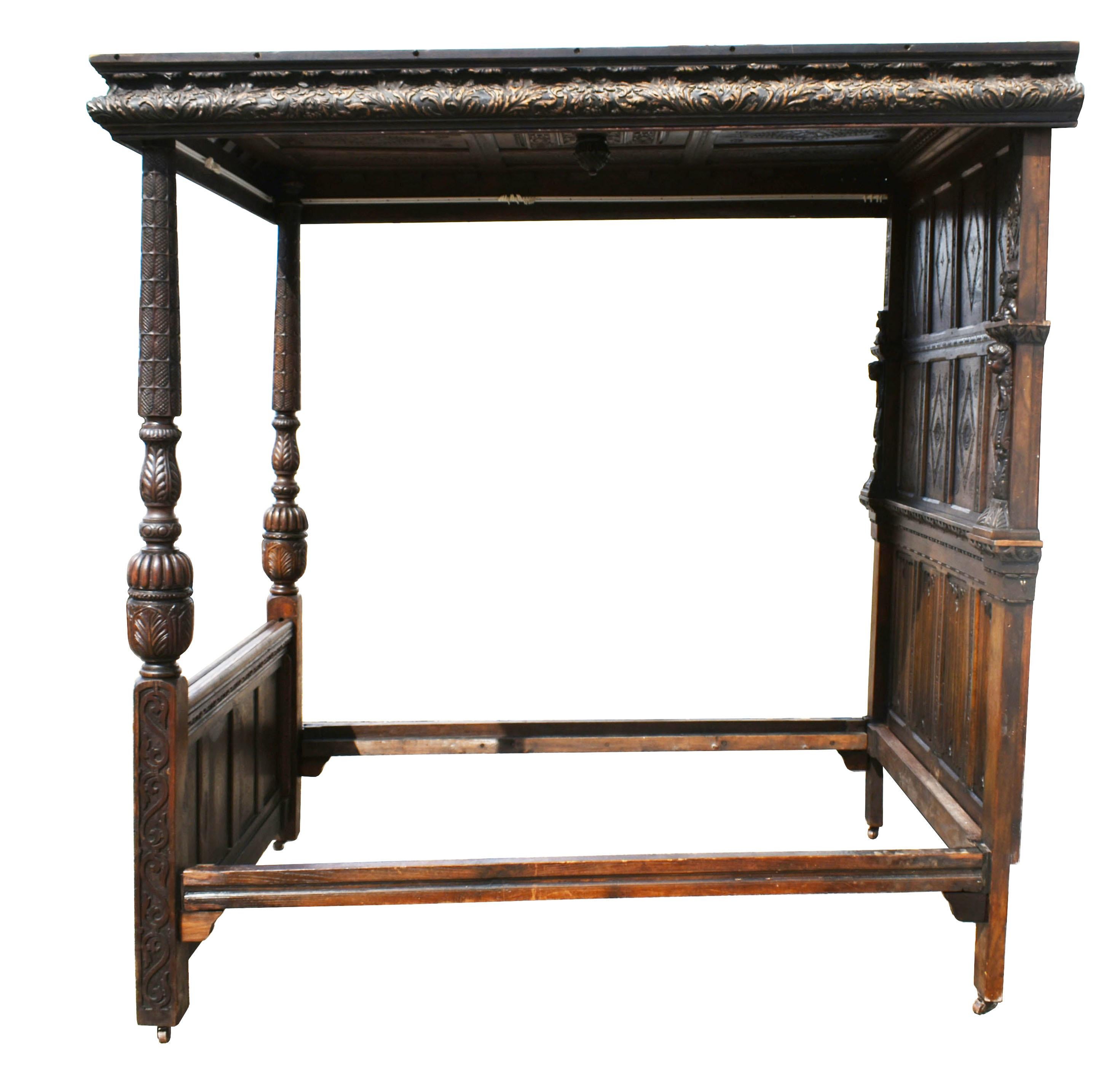 17th Century Elizabethan Style Carved Oak Four-Poster Bed 7