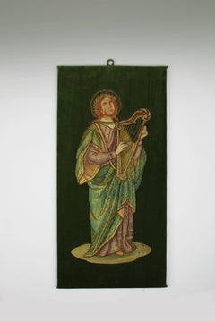 17th Century Embroidered King David With Harp Silk Tread Green Velvet Flanders