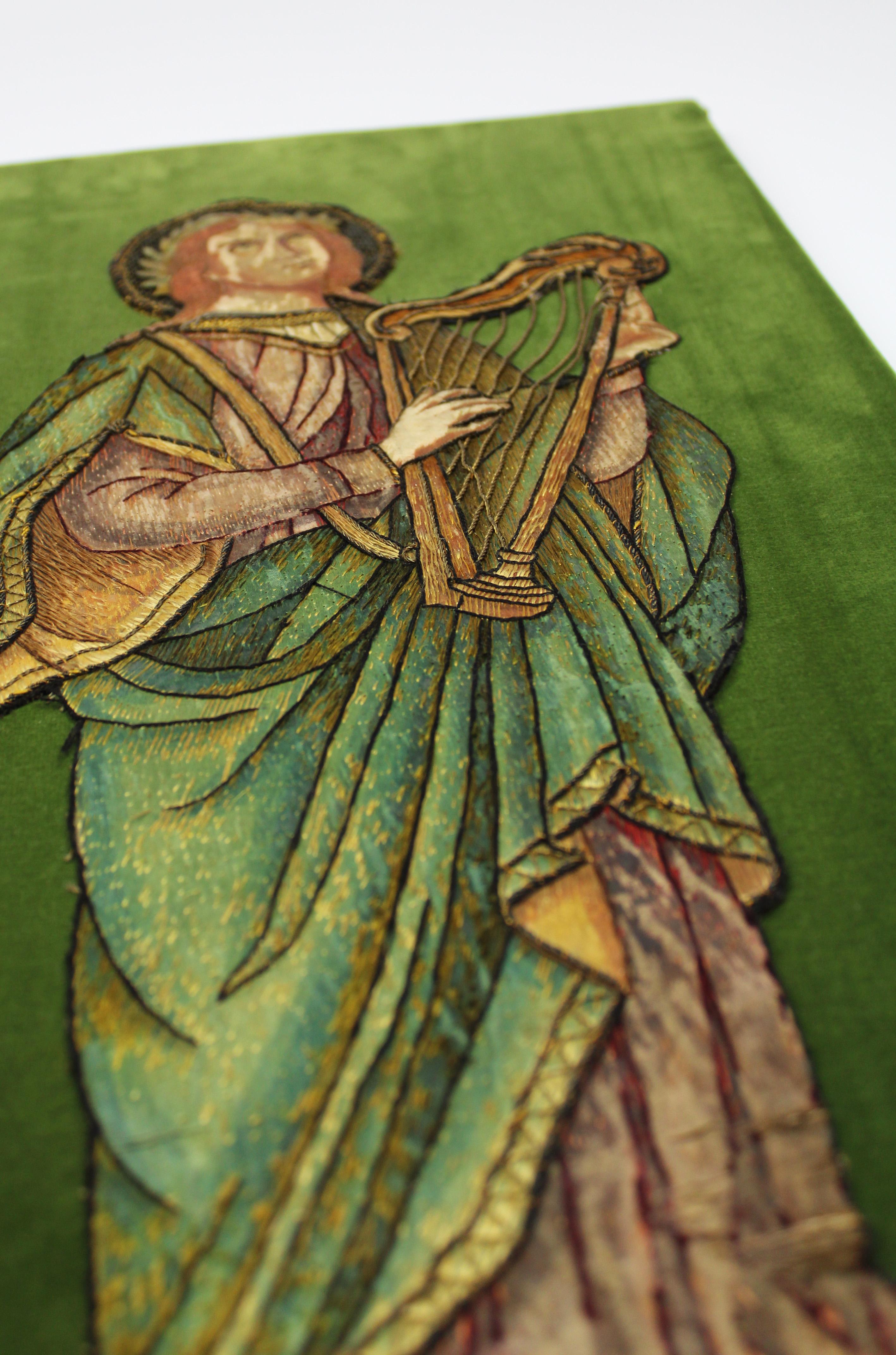 Gothic 17th Century Embroidered King David With Harp Silk Tread Green Velvet Flanders For Sale