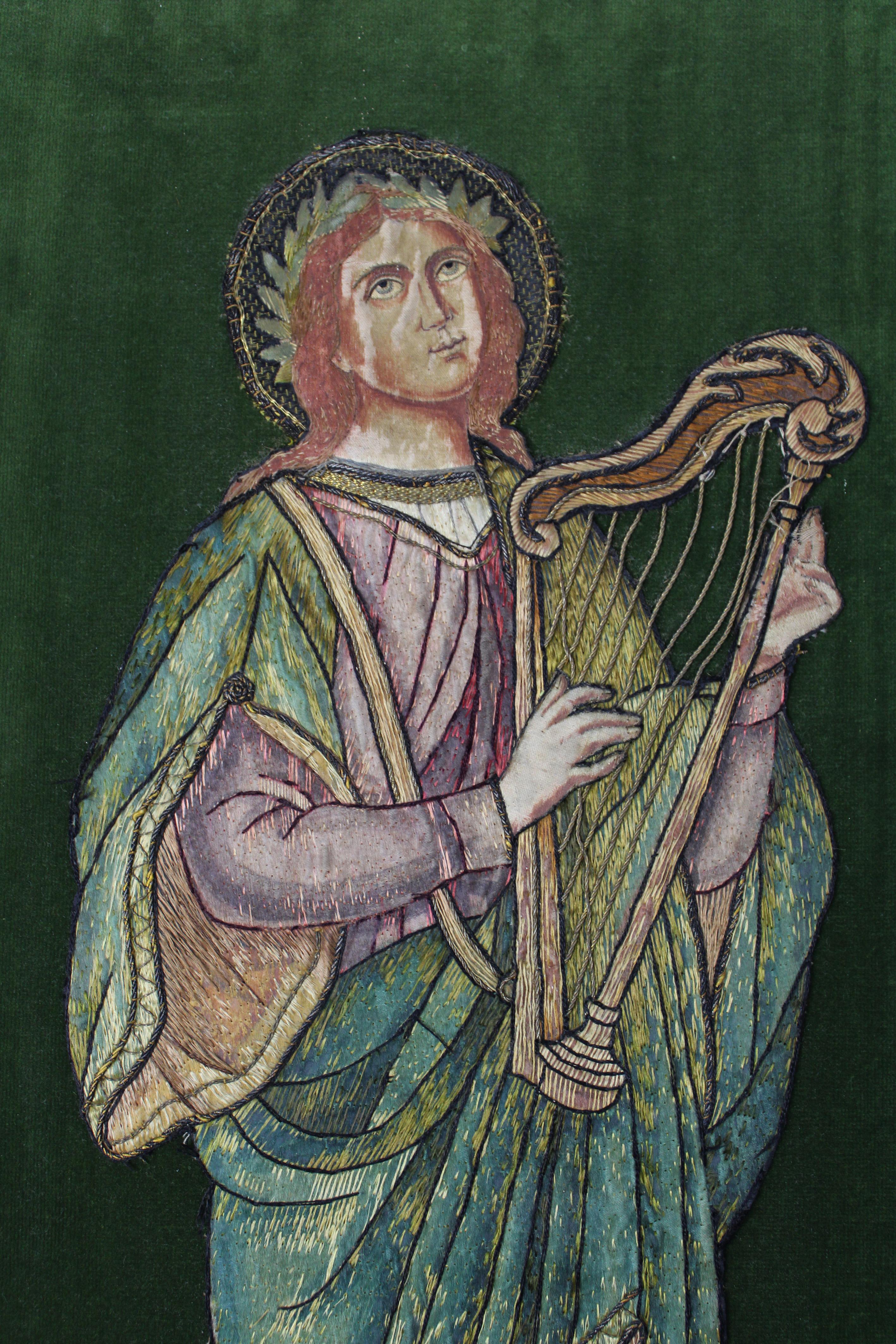 Hand-Crafted 17th Century Embroidered King David With Harp Silk Tread Green Velvet Flanders For Sale