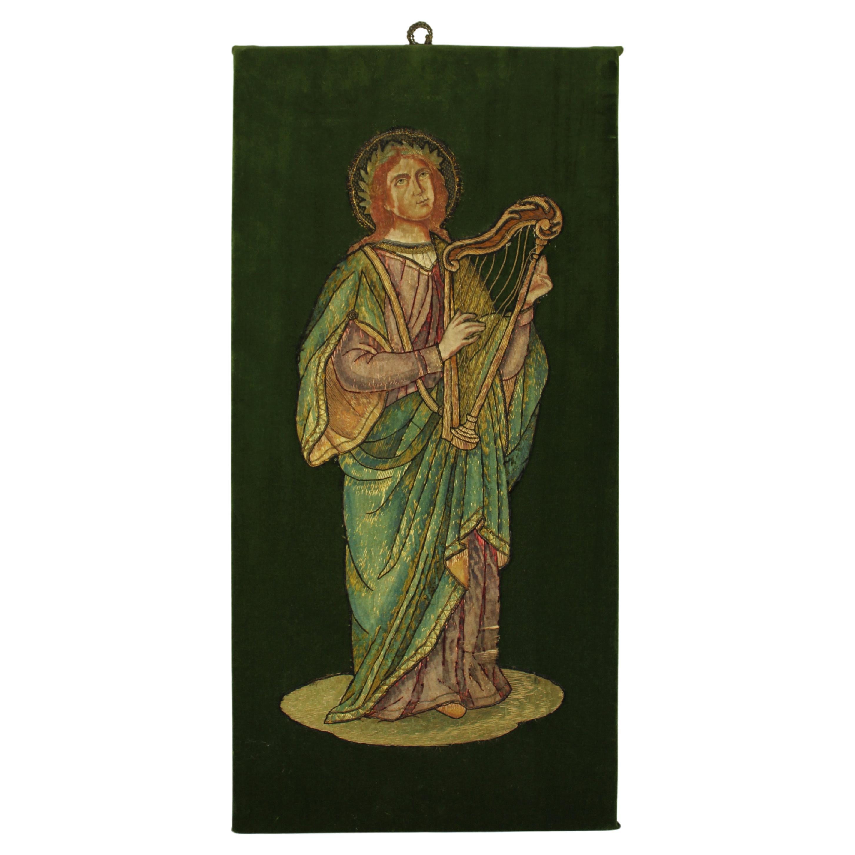 17th Century Embroidered King David With Harp Silk Tread Green Velvet Flanders For Sale