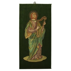 Antique 17th Century Embroidered King David With Harp Silk Tread Green Velvet Flanders