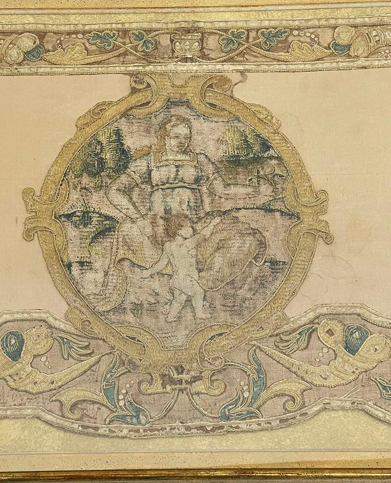 17th Century embroidered panel with three Theological Virtues

An embroidered panel of almost 200 cm large, framed behind plastic with a scene of the three Theological Virtues in medallions. The Virtues 