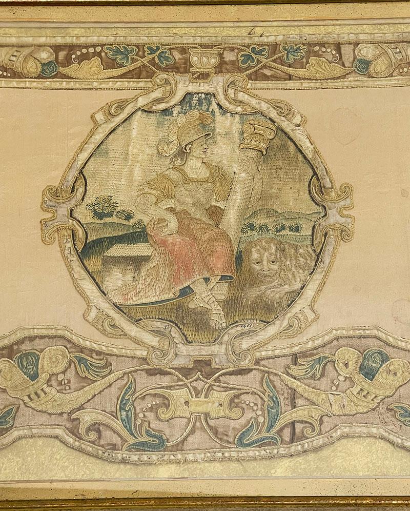 European 17th Century embroidered panel with three Theological Virtues For Sale