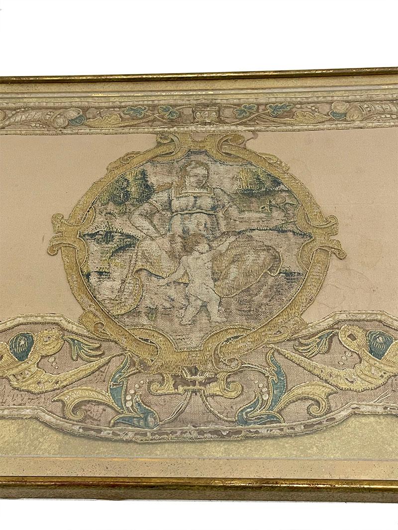 Fabric 17th Century embroidered panel with three Theological Virtues For Sale