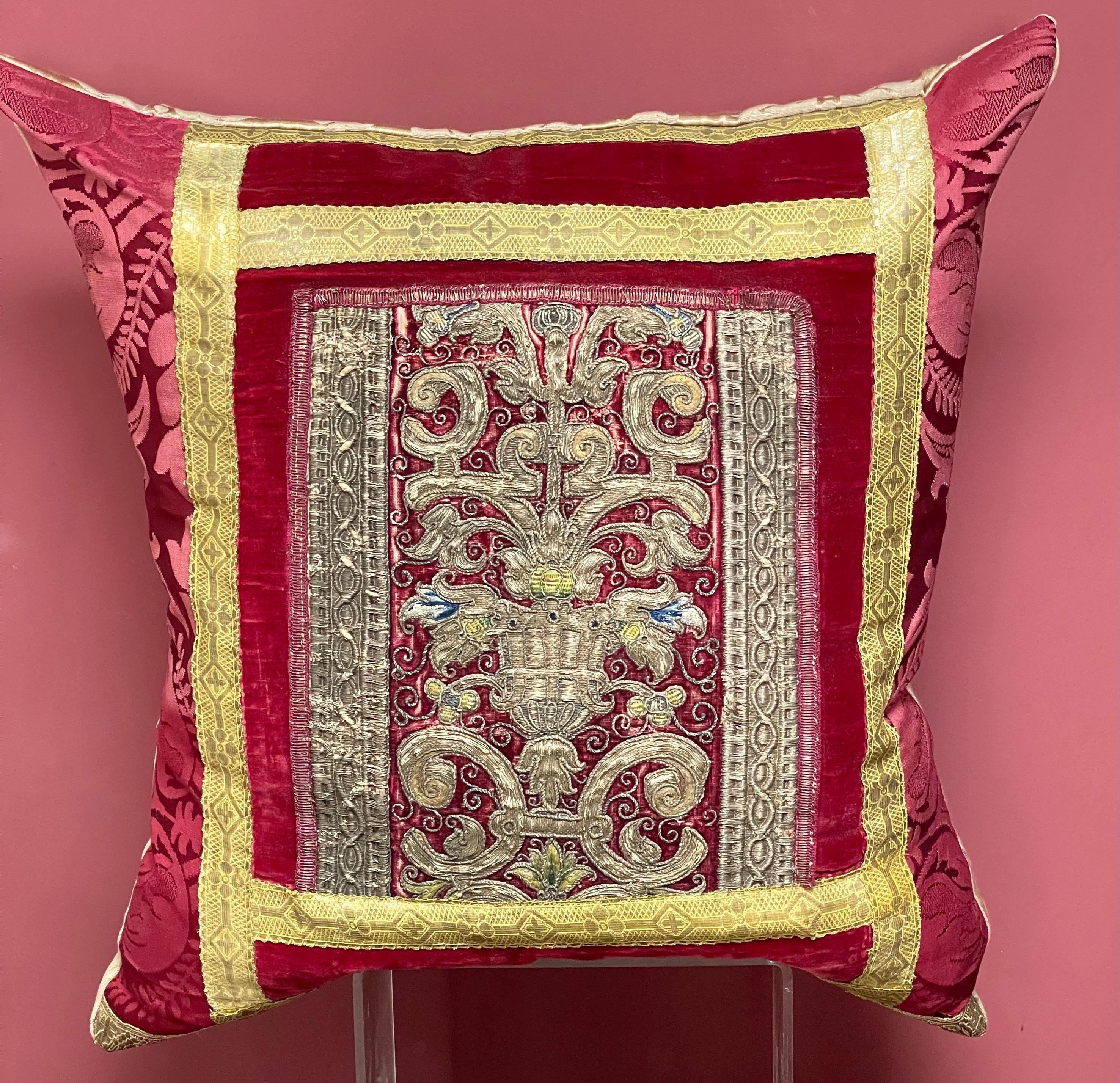 Hand Made Bespoke Pillow

An exceptional Silk Velvet Panel

Dating from late 16th early 17th Century . Italian or Spanish

The magenta silk velvet embroidered in metallic and silk threads original woven metallic braids.

The needlework is exquisite