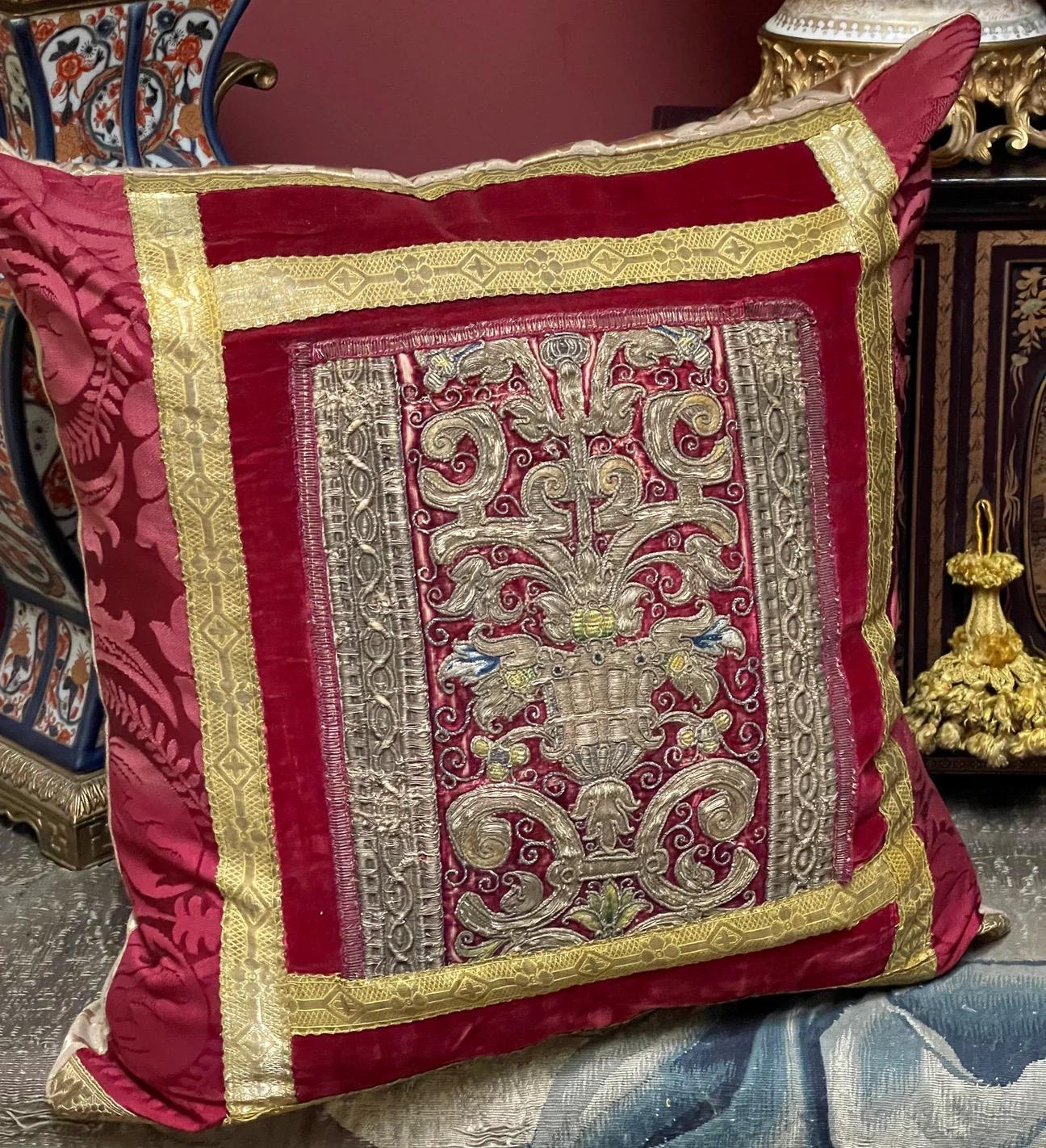 Italian 17th Century Embroidered Velvet Panel Hand Made Bespoke Pillow For Sale
