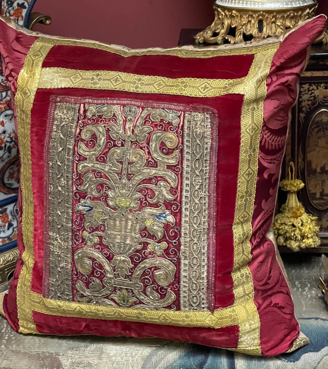 17th Century Embroidered Velvet Panel Hand Made Bespoke Pillow In Good Condition For Sale In Canterbury, GB