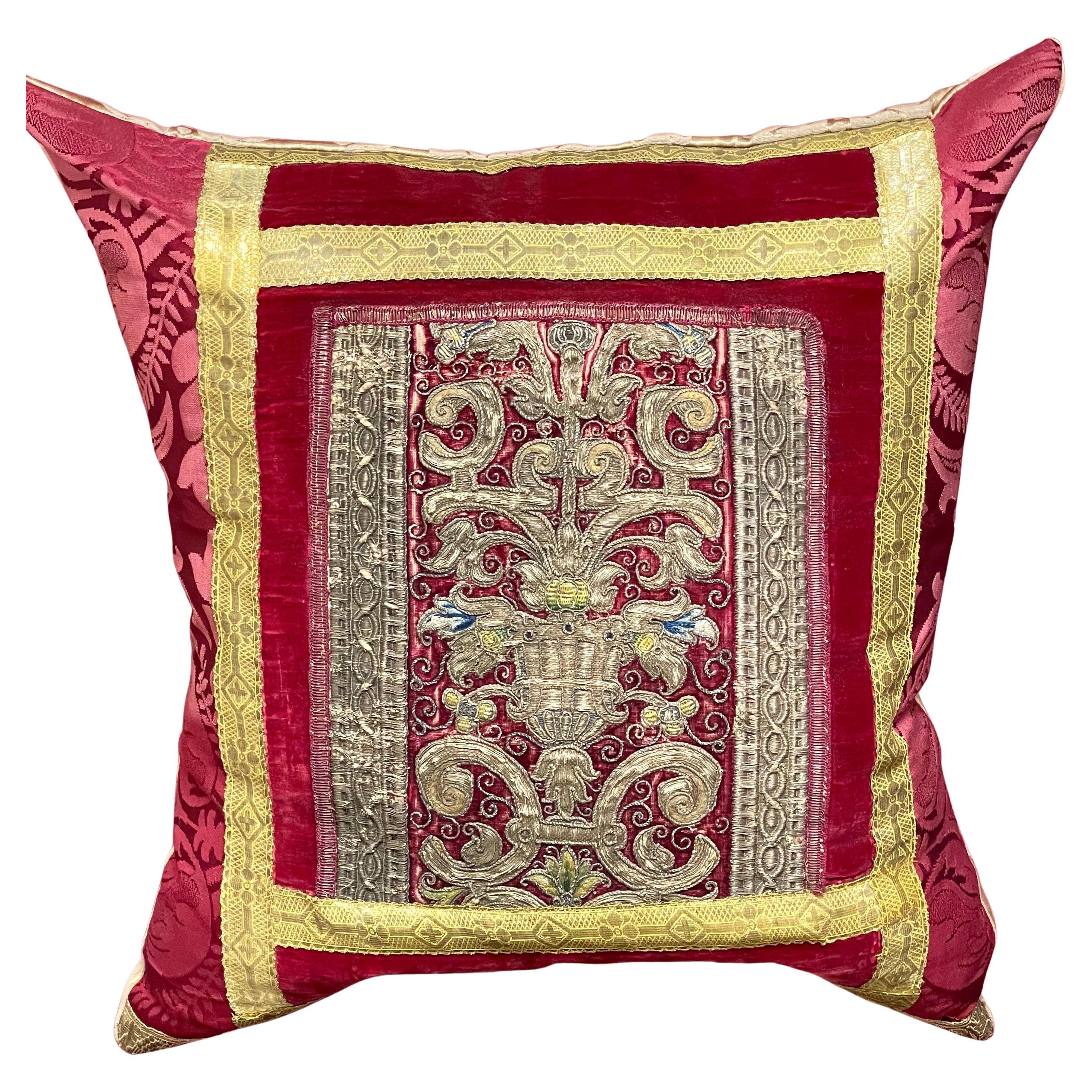 17th Century Embroidered Velvet Panel Hand Made Bespoke Pillow For Sale