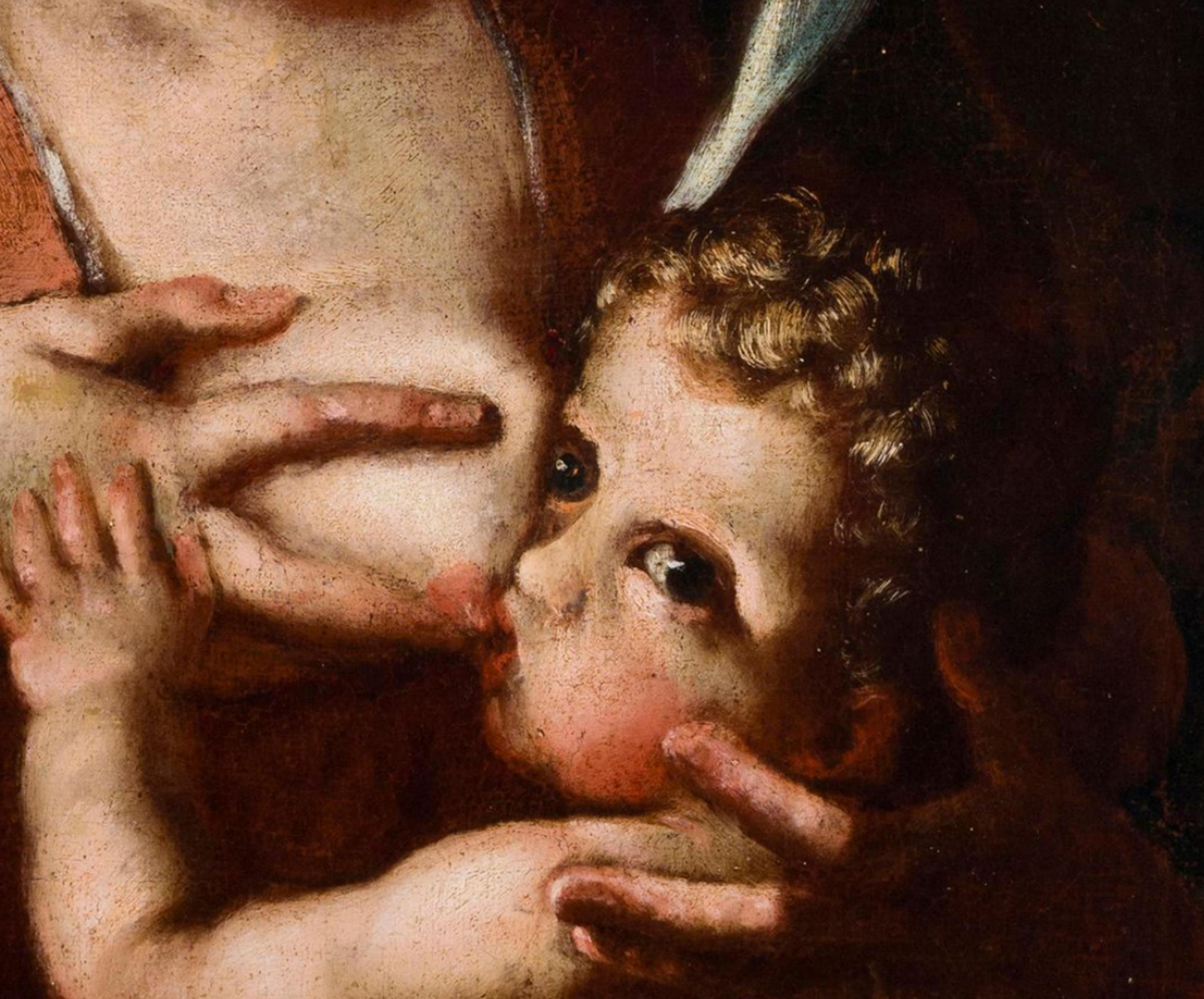 École émilienne du XVIIe siècle
Madone du lait
Huile sur toile
65 x 48 cm
Bon état