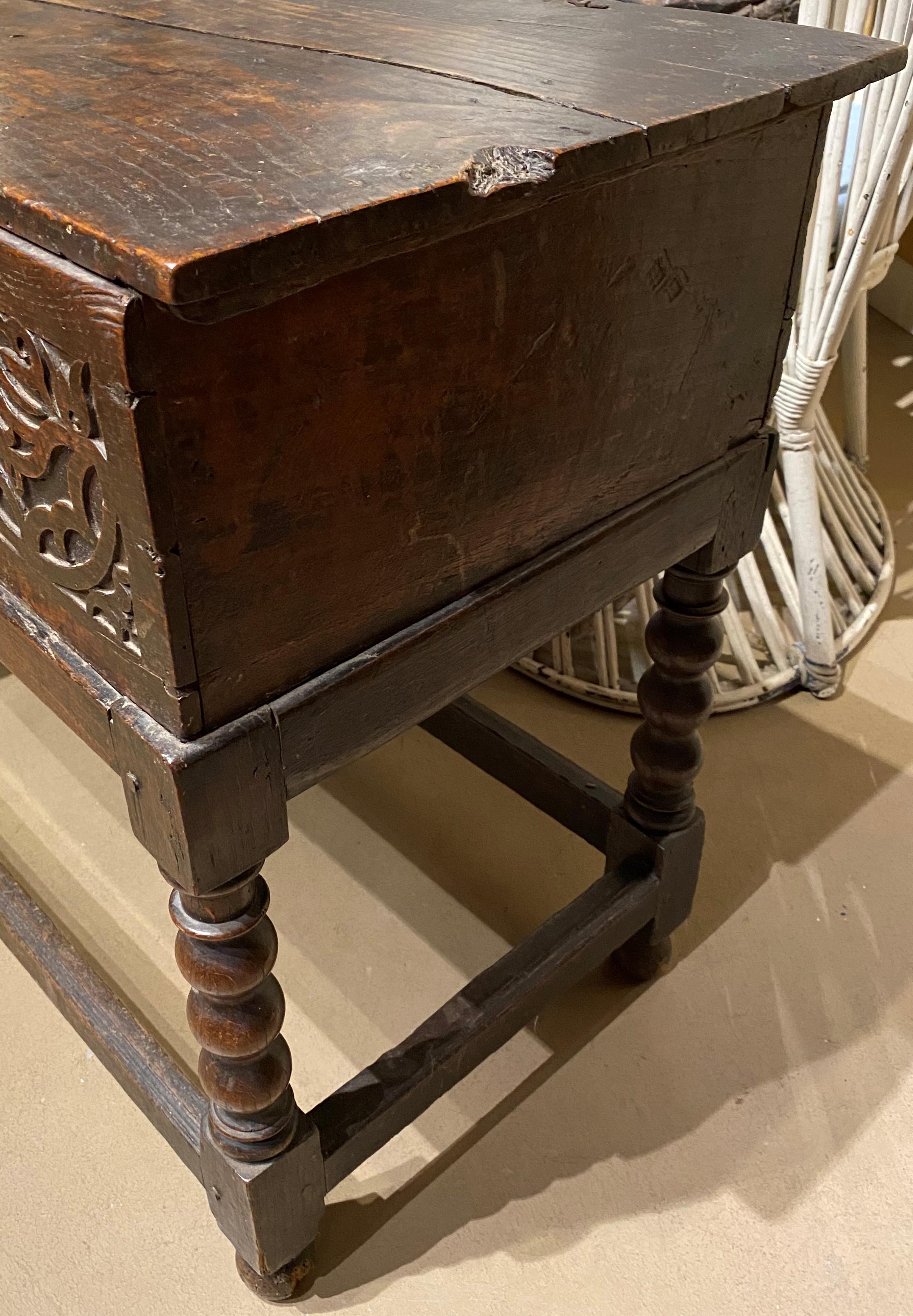 18th Century and Earlier 17th Century English Carved Bible Box on a 19th Century Stand