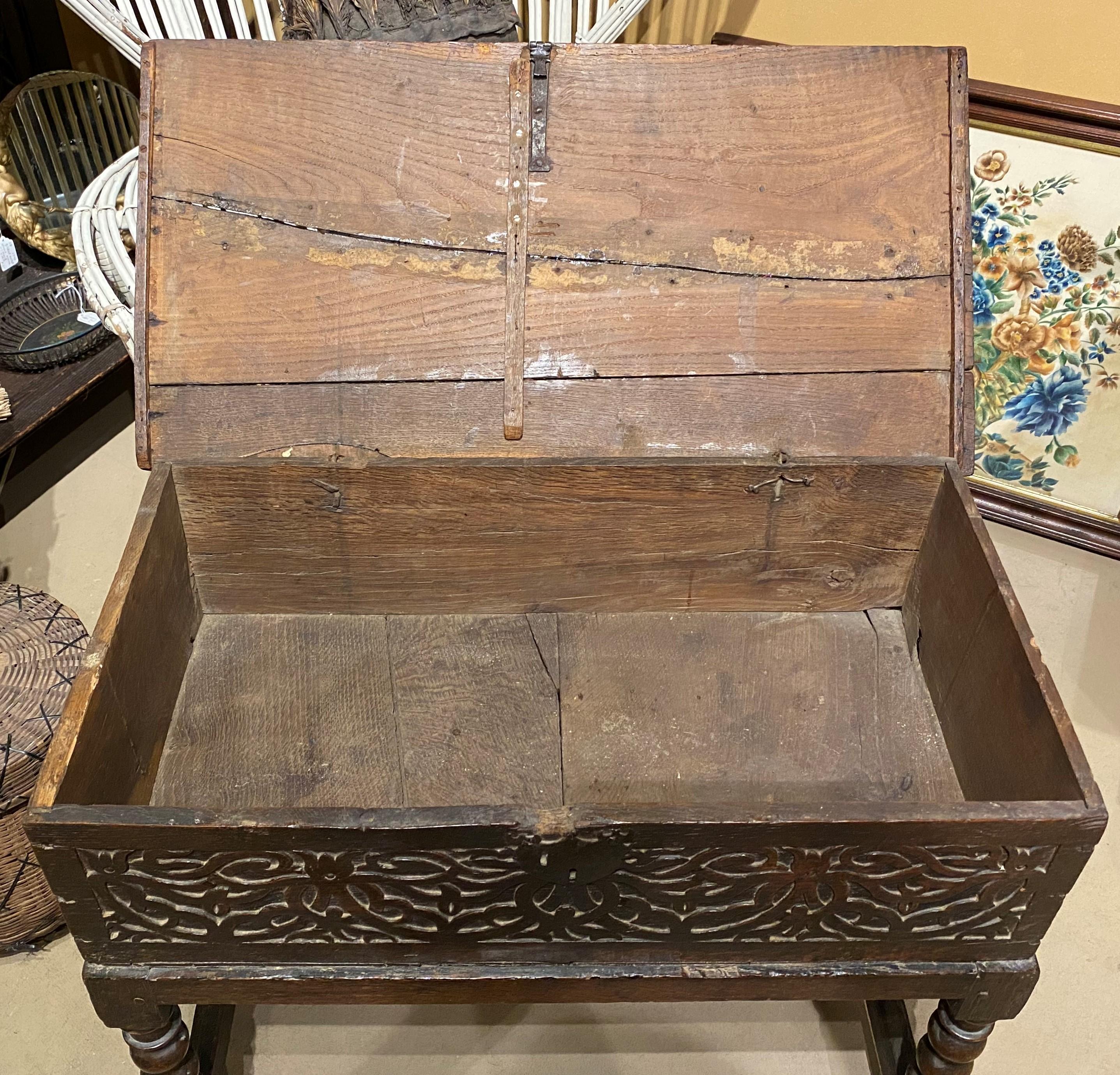 Iron 17th Century English Carved Bible Box on a 19th Century Stand