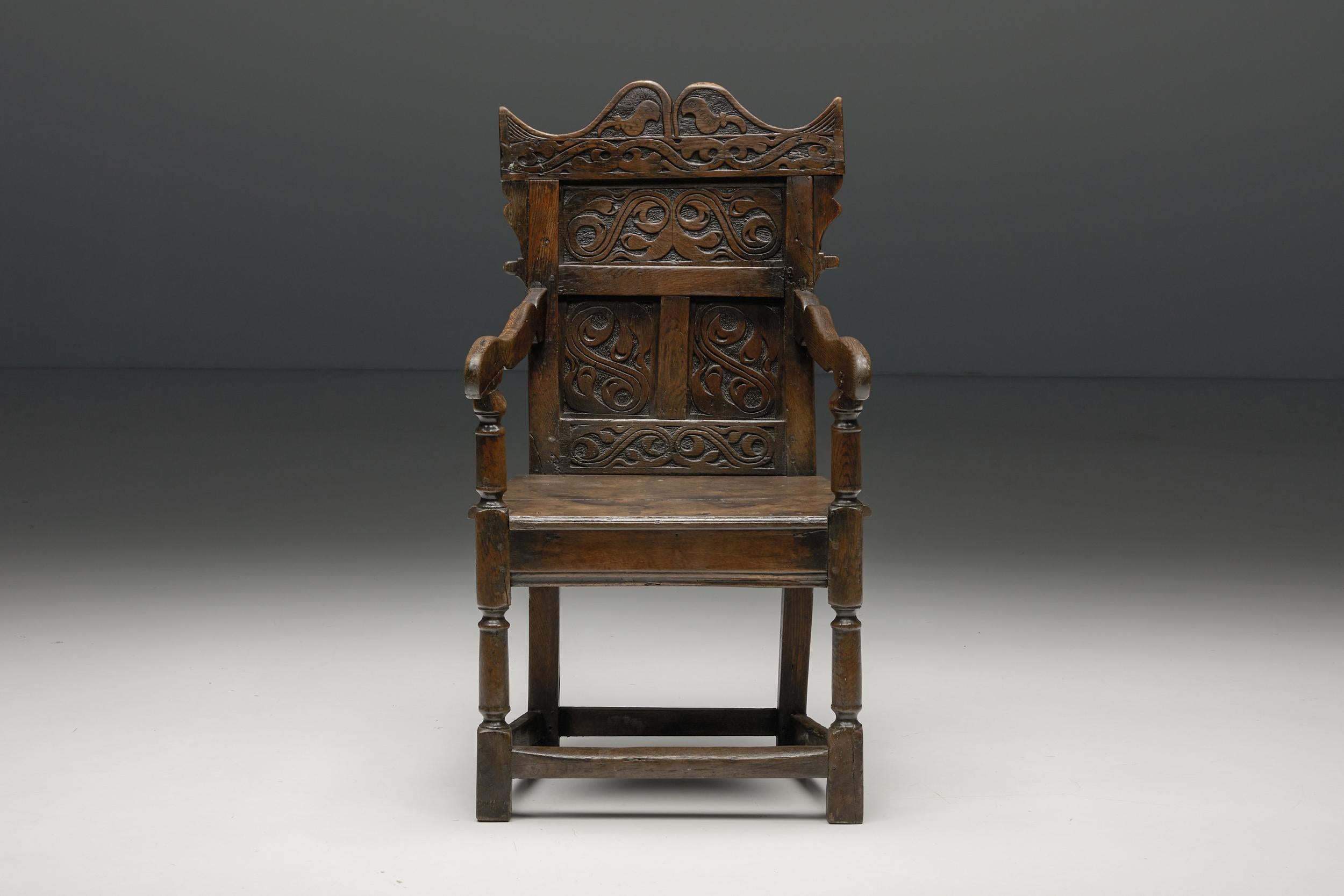 English 17th Century Carved Oak Armchair, England, 17th Century