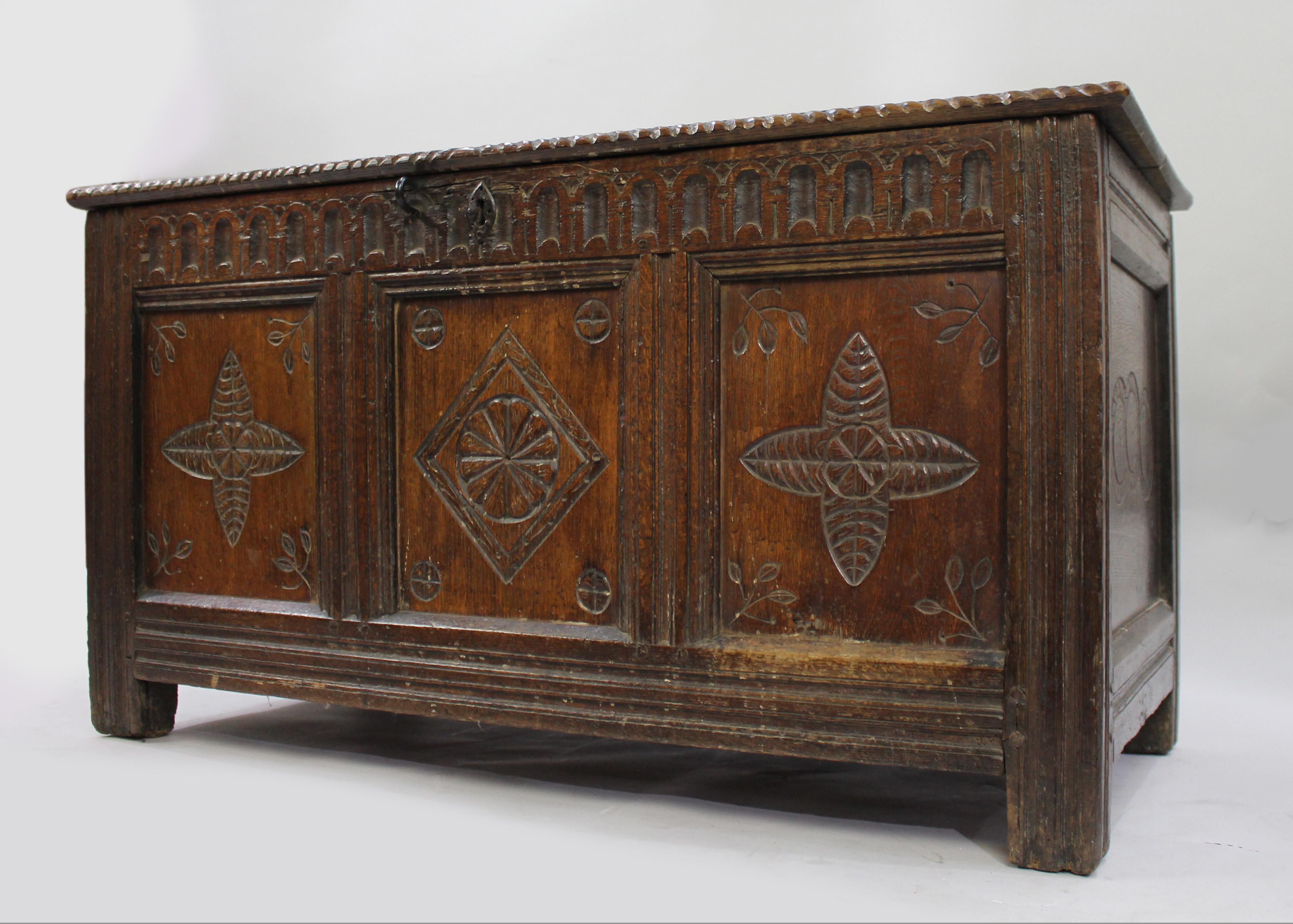 18th Century and Earlier 17th Century English Carved Oak Coffer with Foliate and Lozenge Panels For Sale