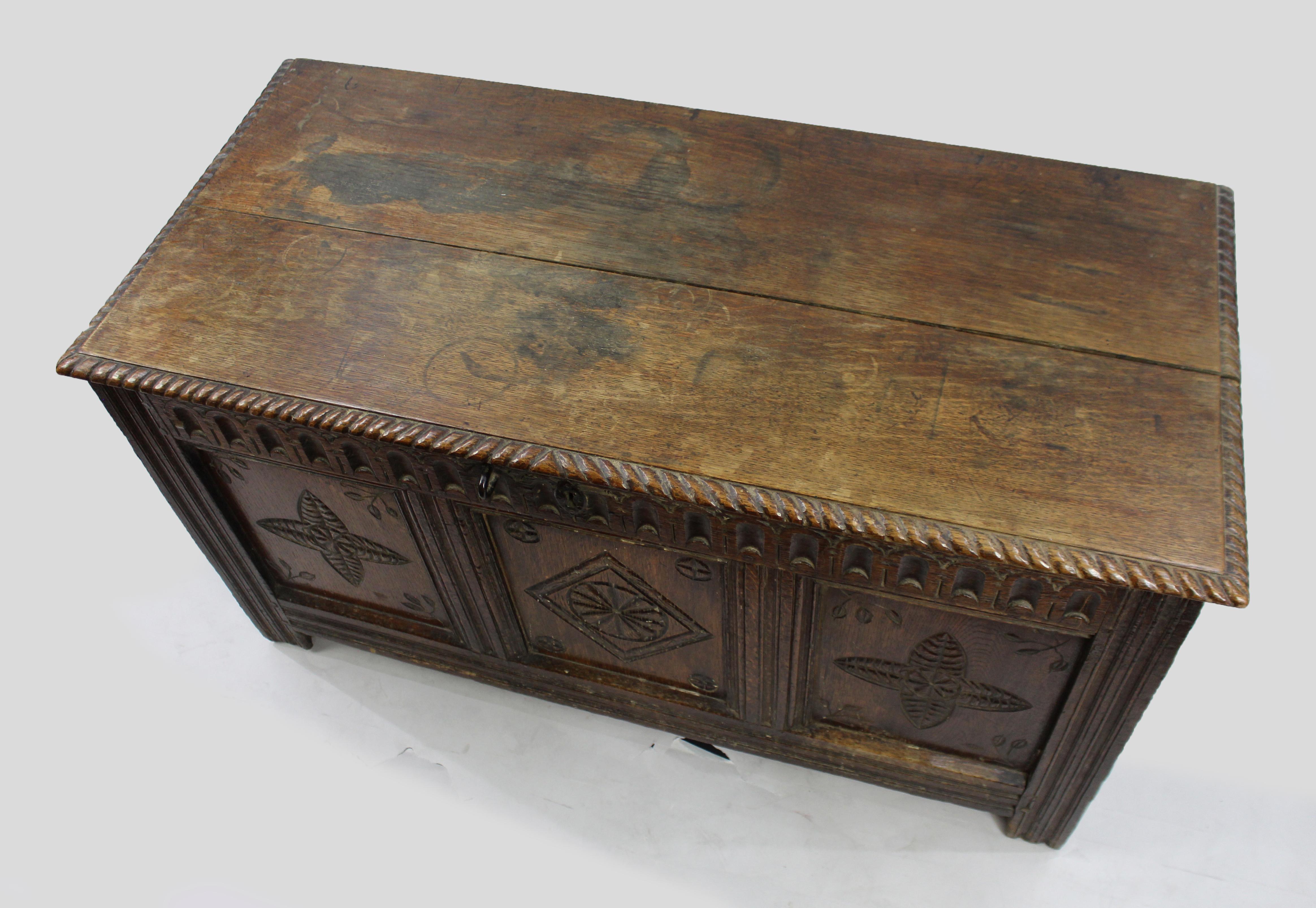 17th Century English Carved Oak Coffer with Foliate and Lozenge Panels For Sale 1