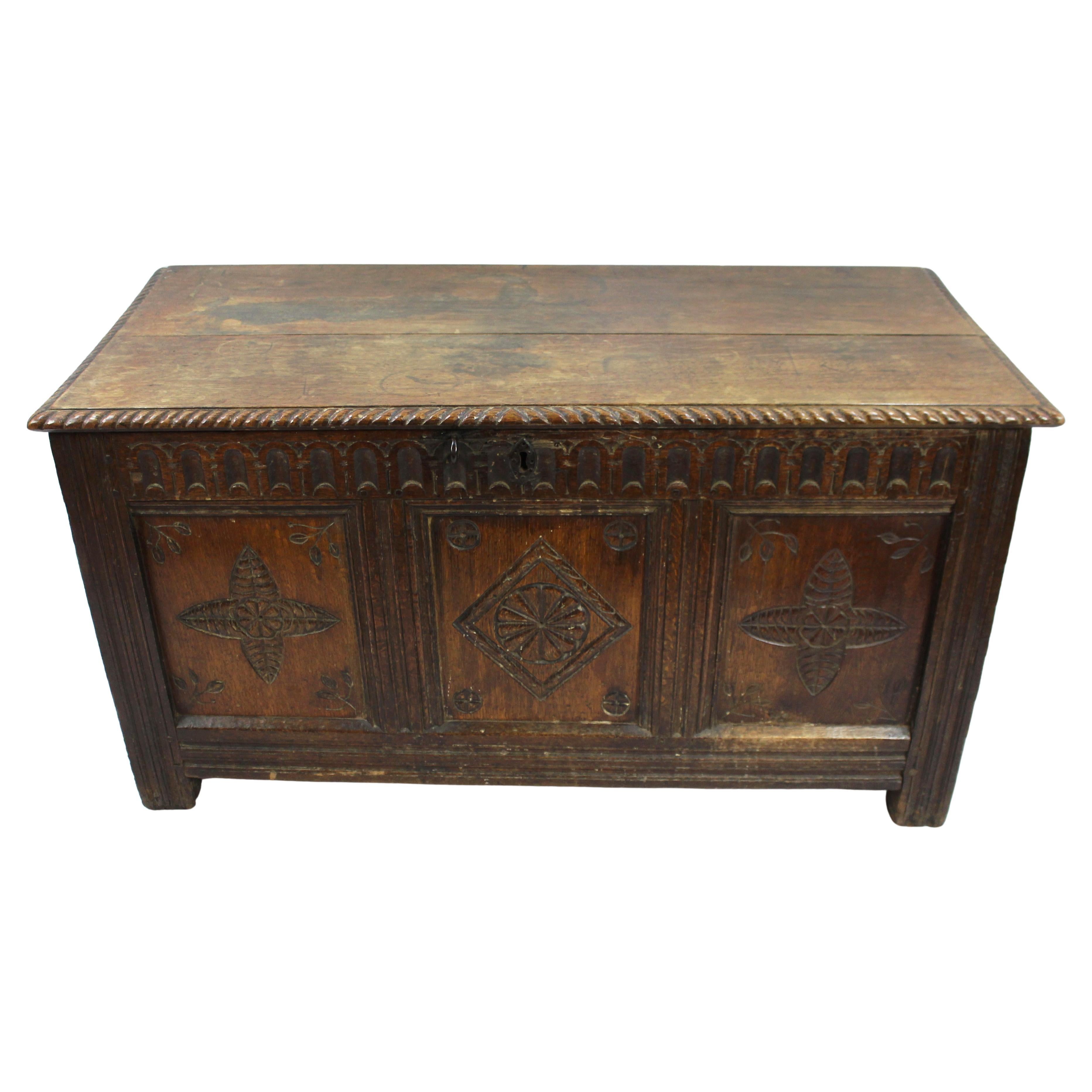 17th Century English Carved Oak Coffer with Foliate and Lozenge Panels For Sale