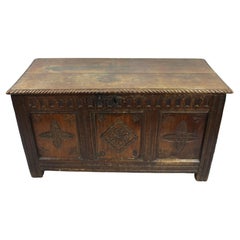 17th Century English Carved Oak Coffer with Foliate and Lozenge Panels