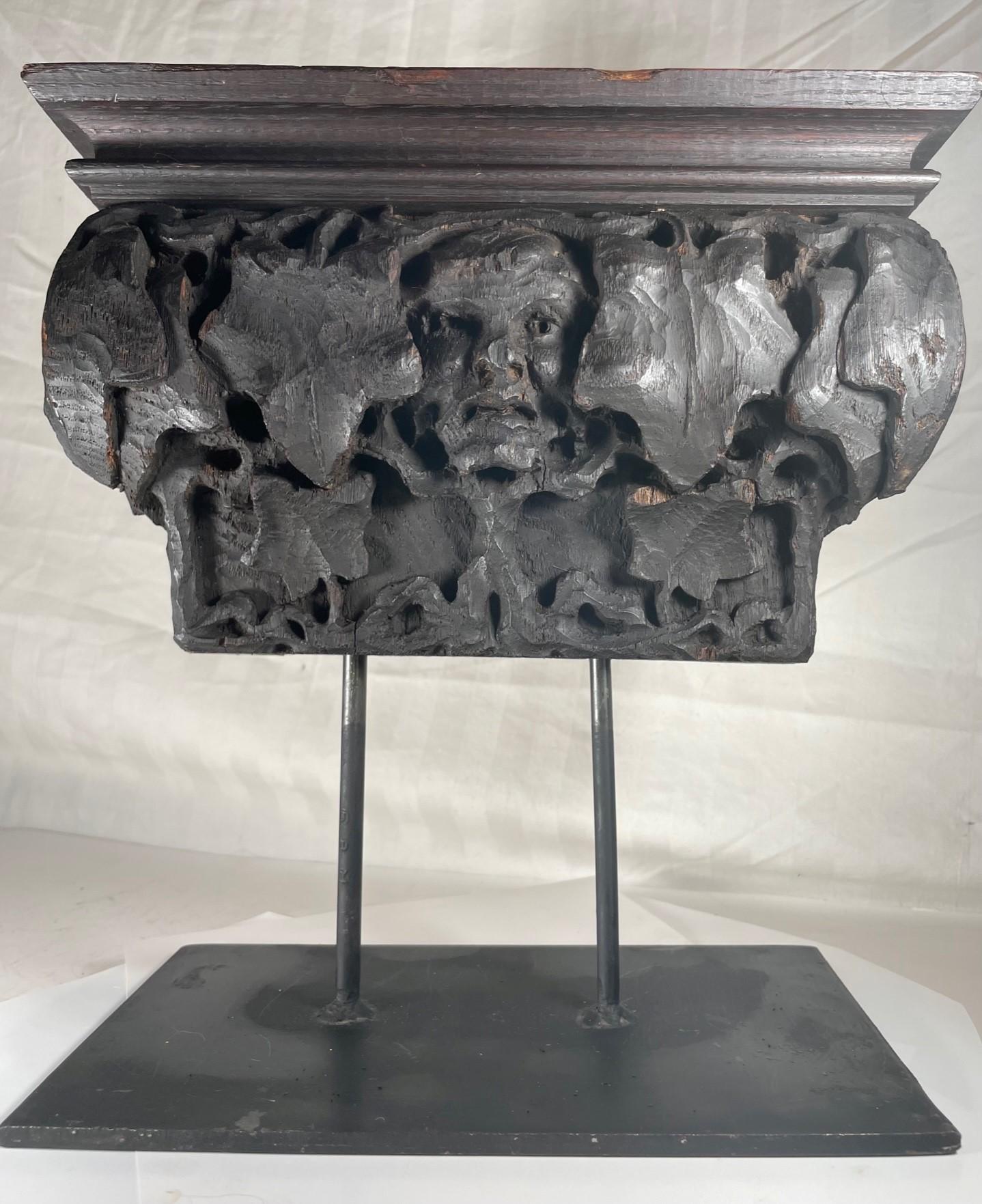 17th Century English carved oak corbel “The Green Man”.

Rare antique decorative architectural ornament of the enigmatic Green Man. Images and carvings can be found on ancient memorials, temples and cathedrals. Carving of the Green Man takes many