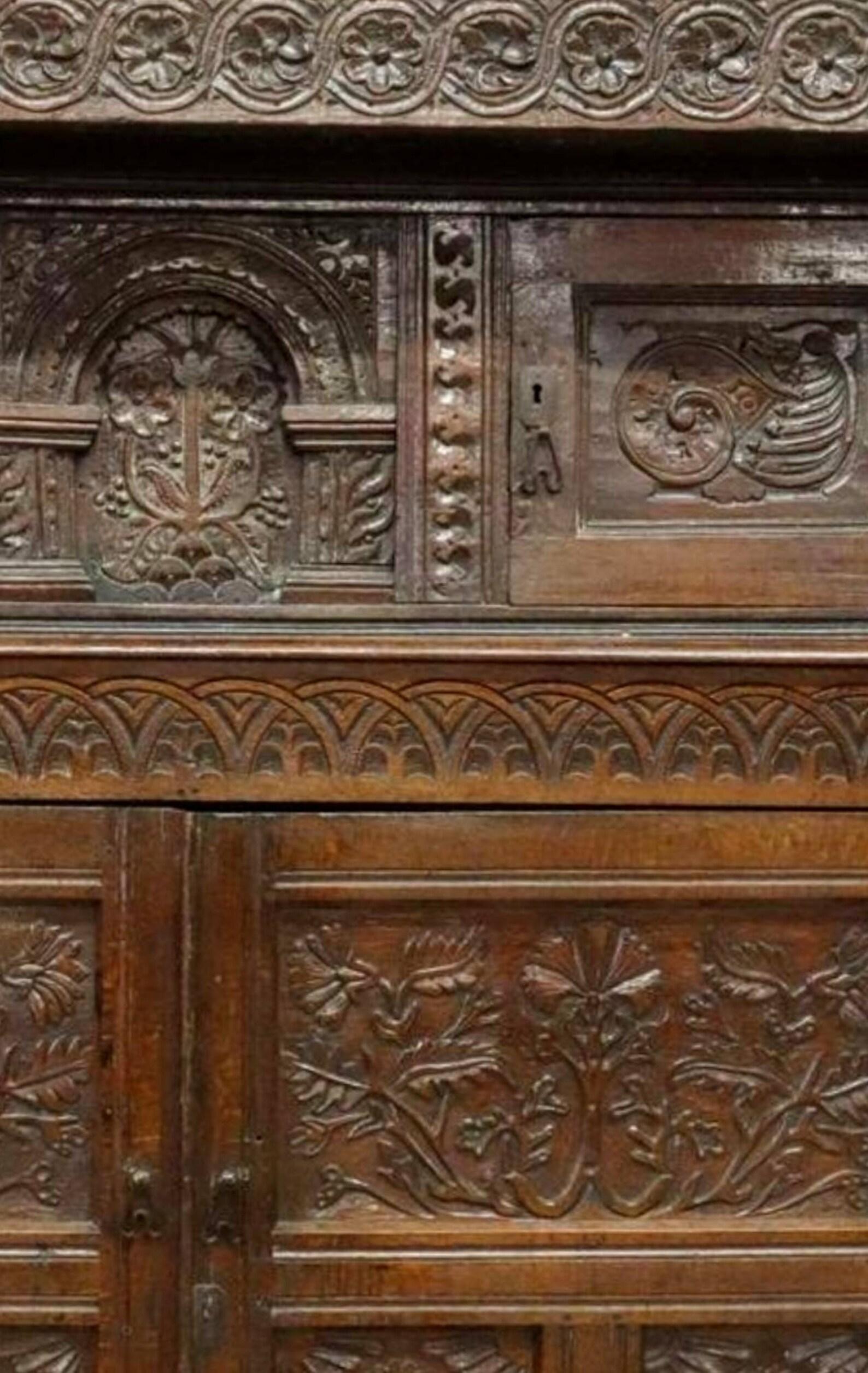 Medieval 17th Century, English Carved Oak Court Cupboard Sideboard