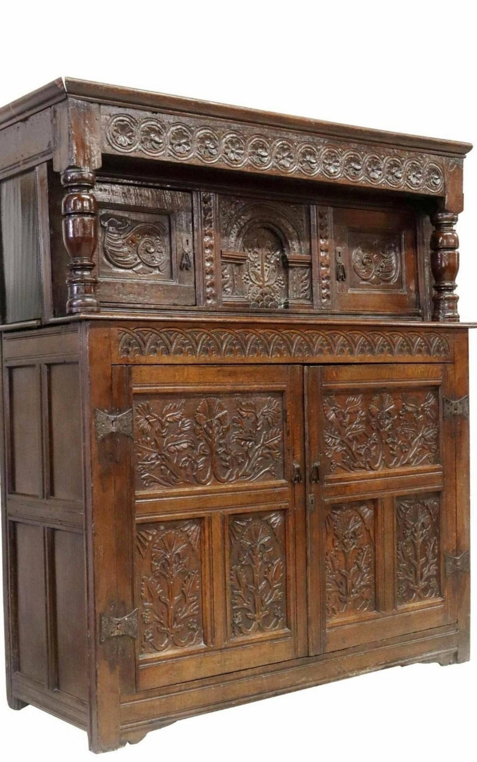 Iron 17th Century, English Carved Oak Court Cupboard Sideboard