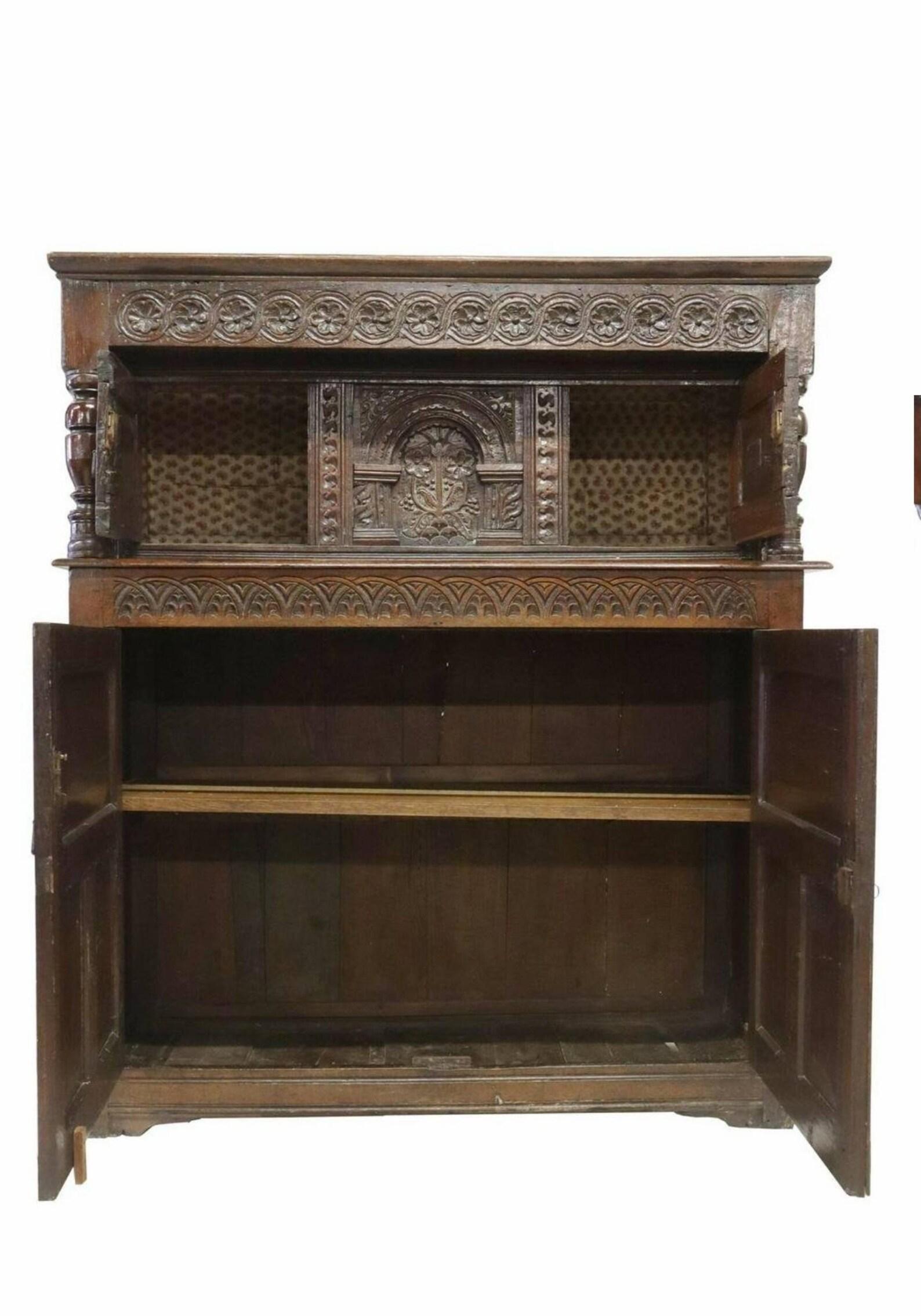17th Century, English Carved Oak Court Cupboard Sideboard 1