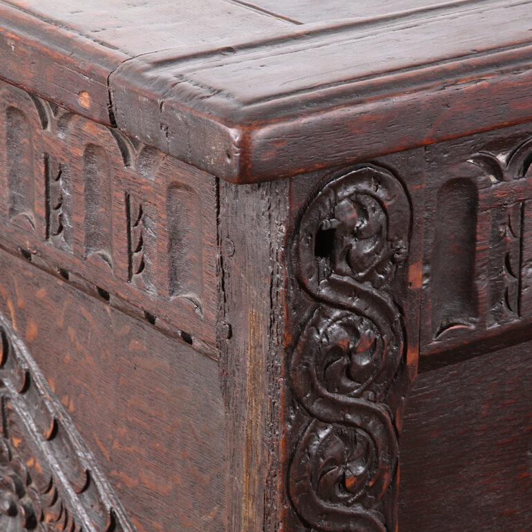 Charles II 17th Century English Carved Oak Paneled Coffer Blanket Chest Trunk