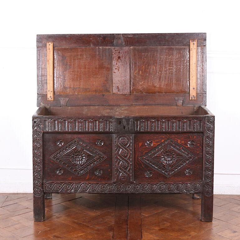 Hand-Carved 17th Century English Carved Oak Paneled Coffer Blanket Chest Trunk