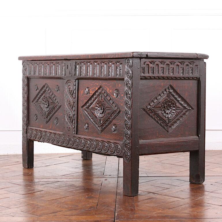 17th Century English Carved Oak Paneled Coffer Blanket Chest Trunk In Good Condition In Vancouver, British Columbia