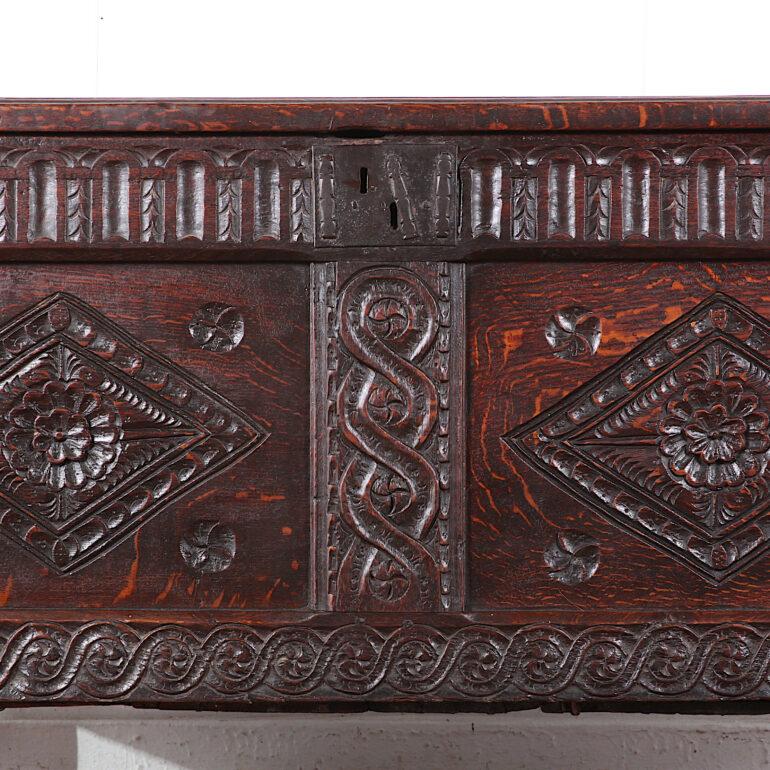 18th Century and Earlier 17th Century English Carved Oak Paneled Coffer Blanket Chest Trunk