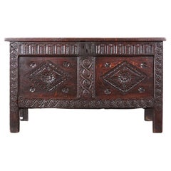 17th Century English Carved Oak Paneled Coffer Blanket Chest Trunk