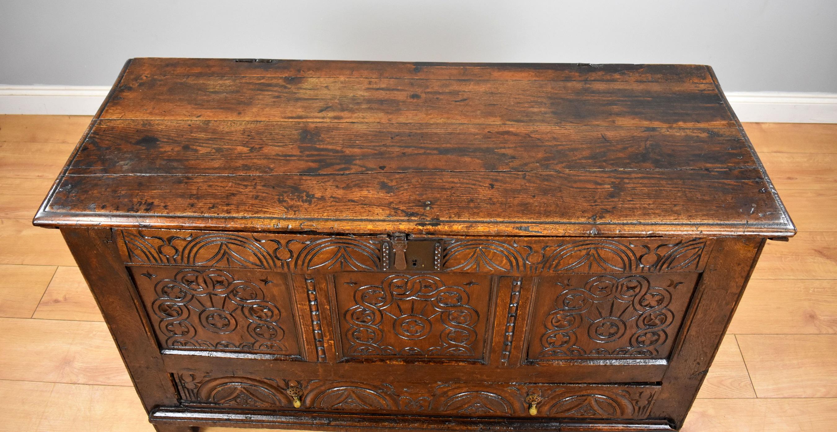 17th Century English Charles II Carved Oak Coffer 1
