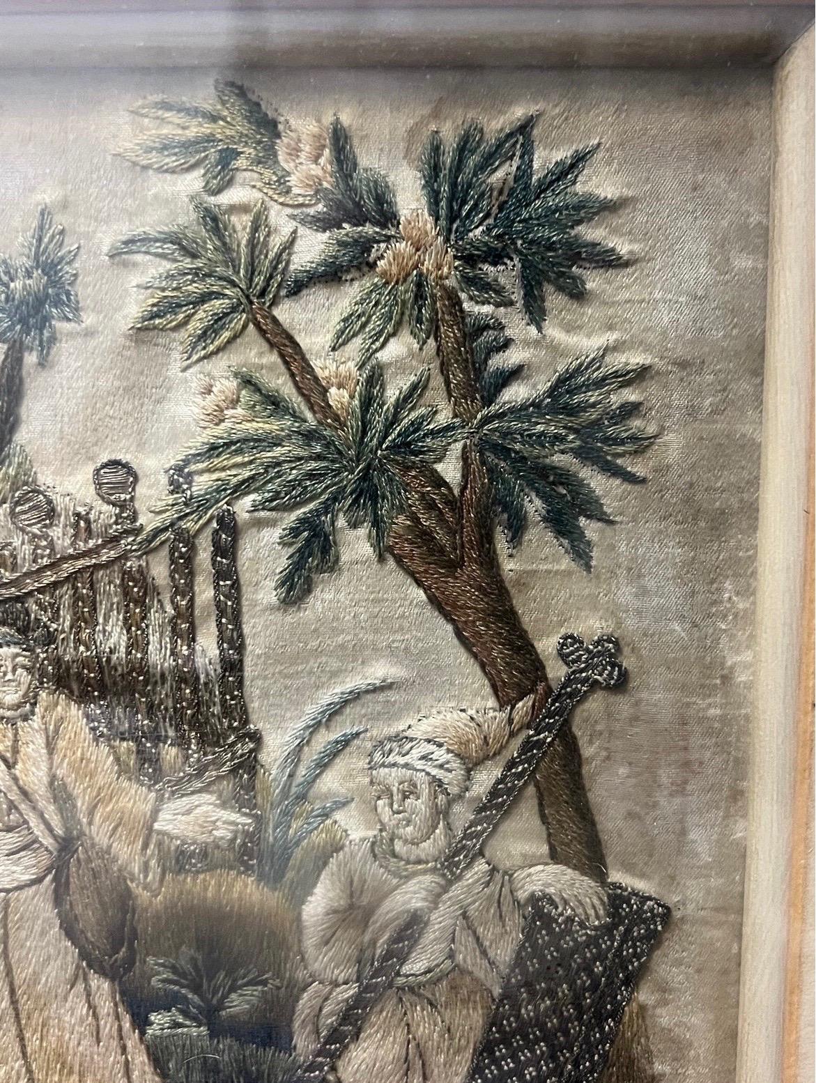 Englische Charles II Stumpwork-Seidenstickerei aus dem 17. Jahrhundert mit 3 weichen Männertafeln (18. Jahrhundert und früher) im Angebot