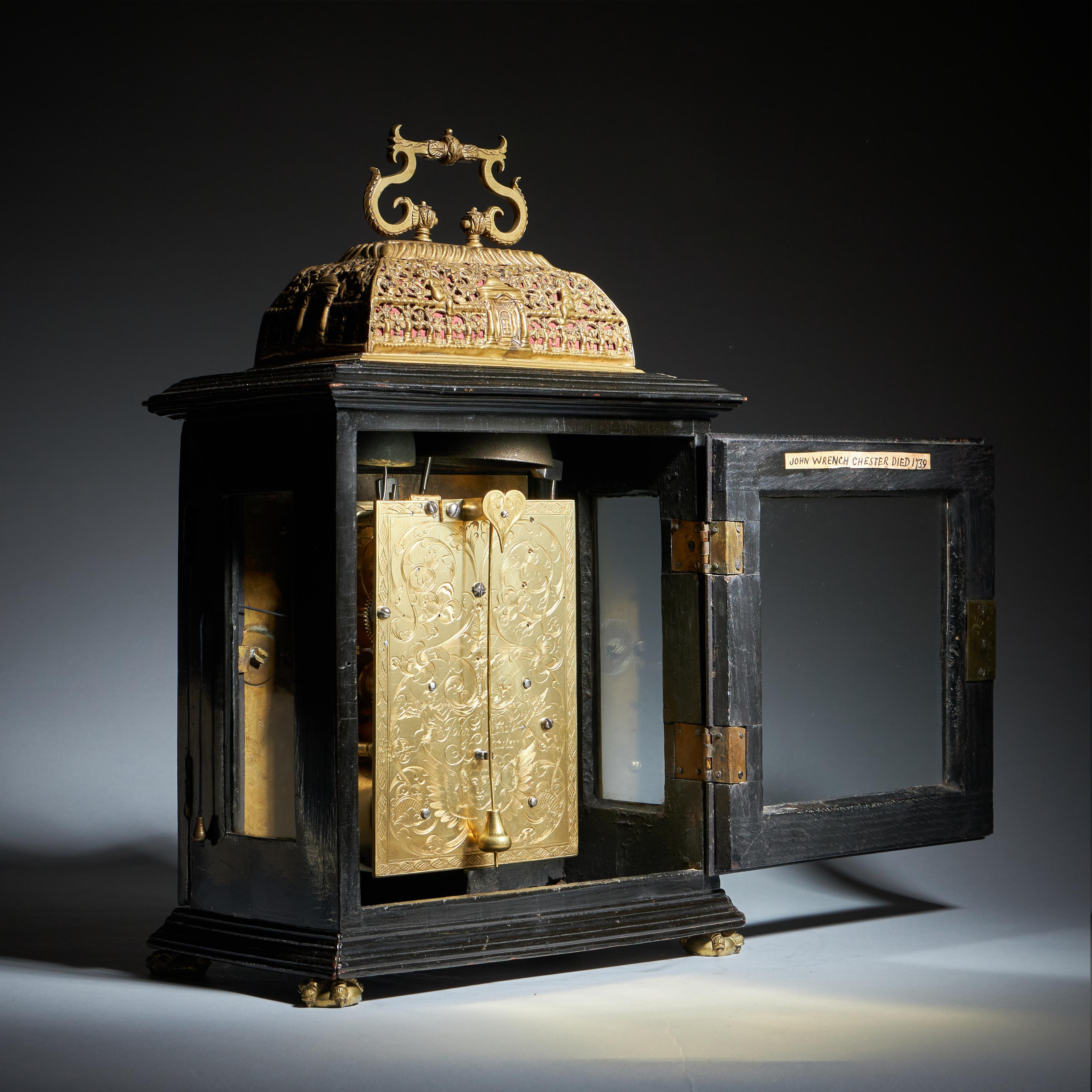 Brass 17th Century English eight-day spring-driven table clock, by John Wrench For Sale