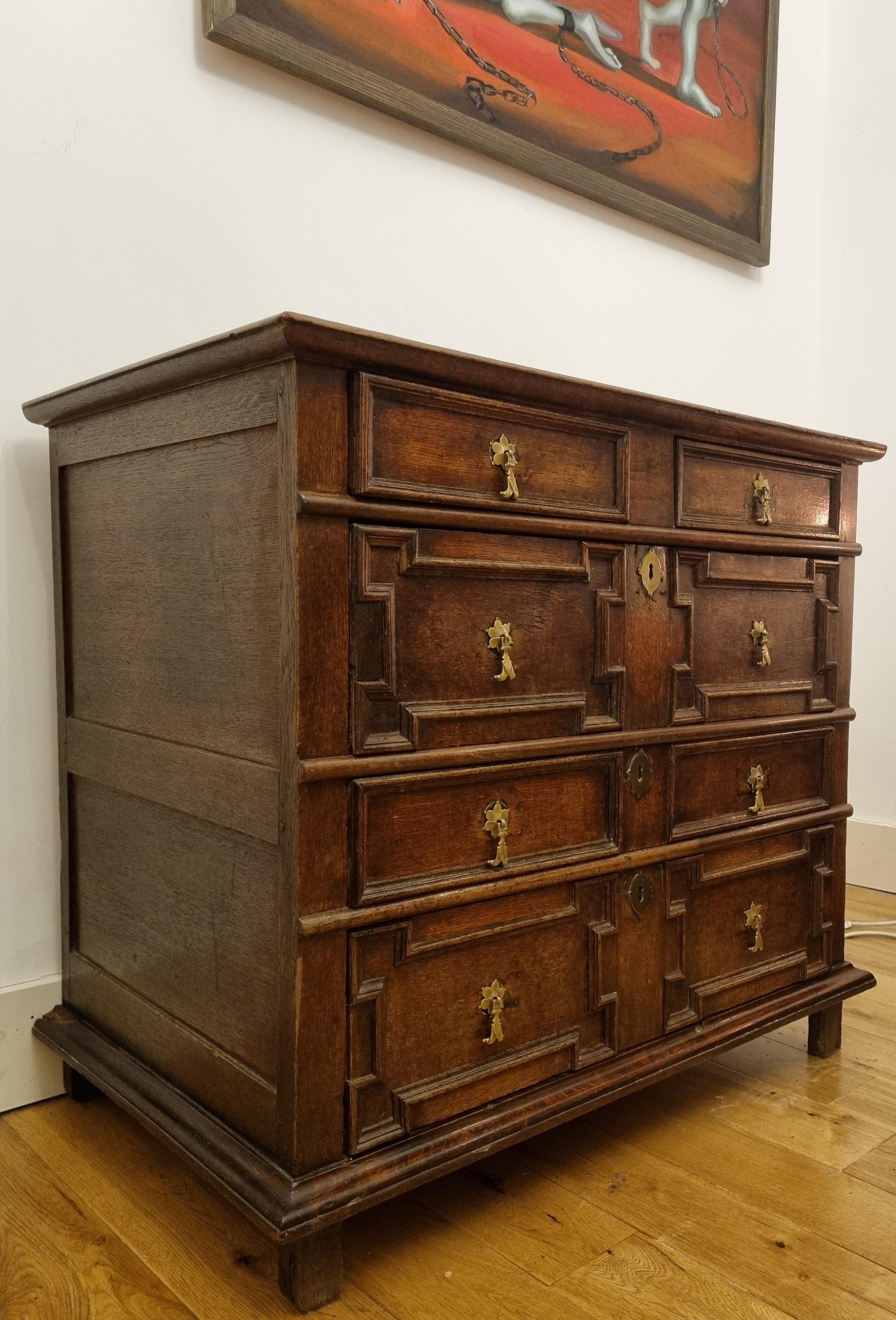 British 17th Century Charles II Geometric Oak Chest of Drawers For Sale