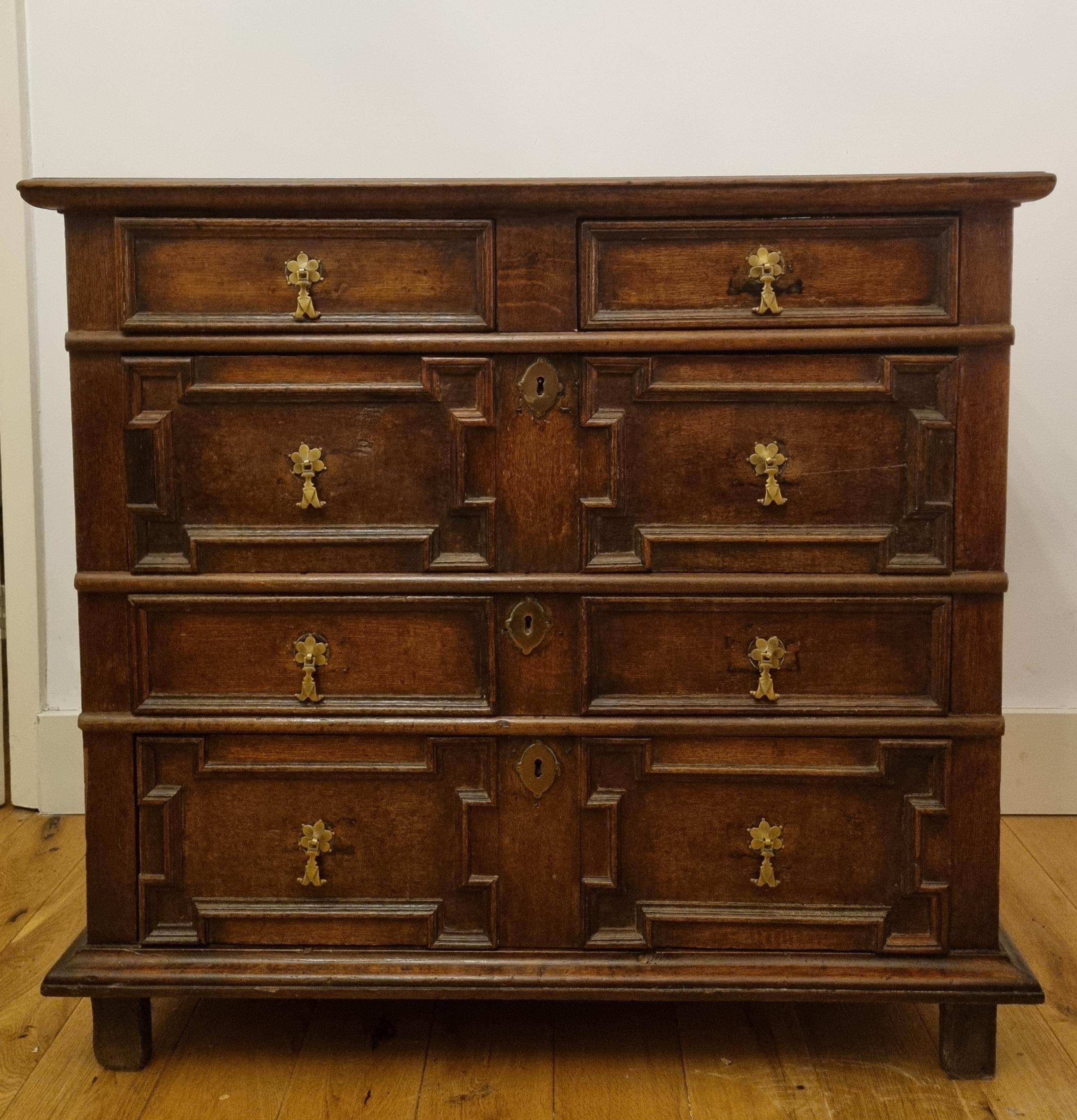 Carved 17th Century Charles II Geometric Oak Chest of Drawers For Sale