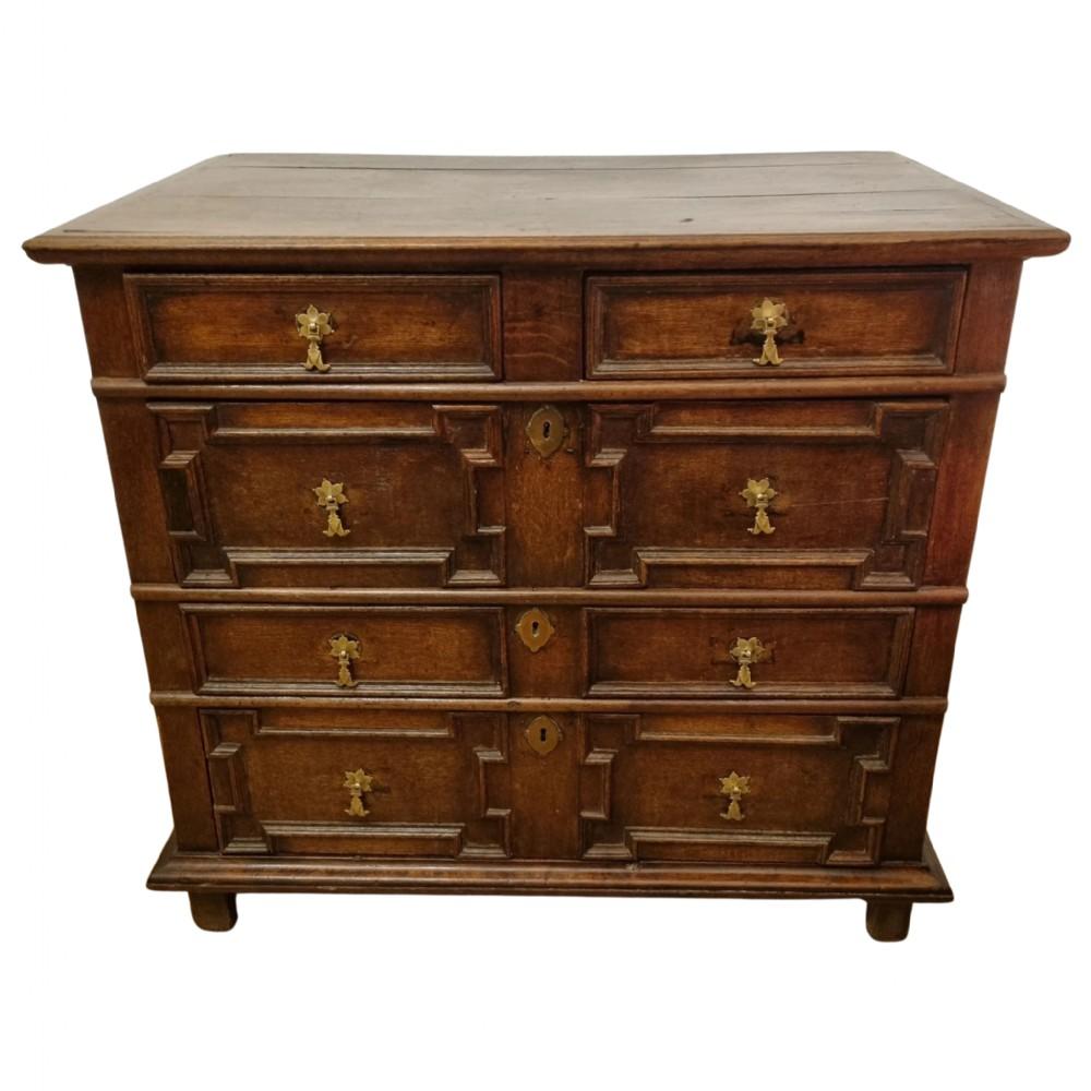 18th Century and Earlier 17th Century Charles II Geometric Oak Chest of Drawers For Sale