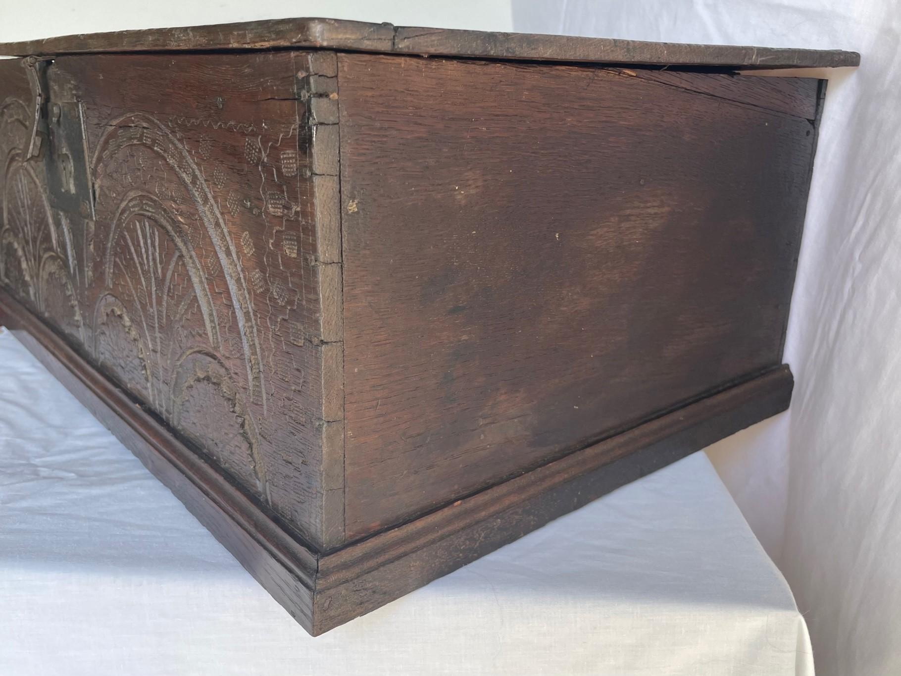 Hand-Carved 17th Century English Jacobean Carved Oak Bible Box. For Sale