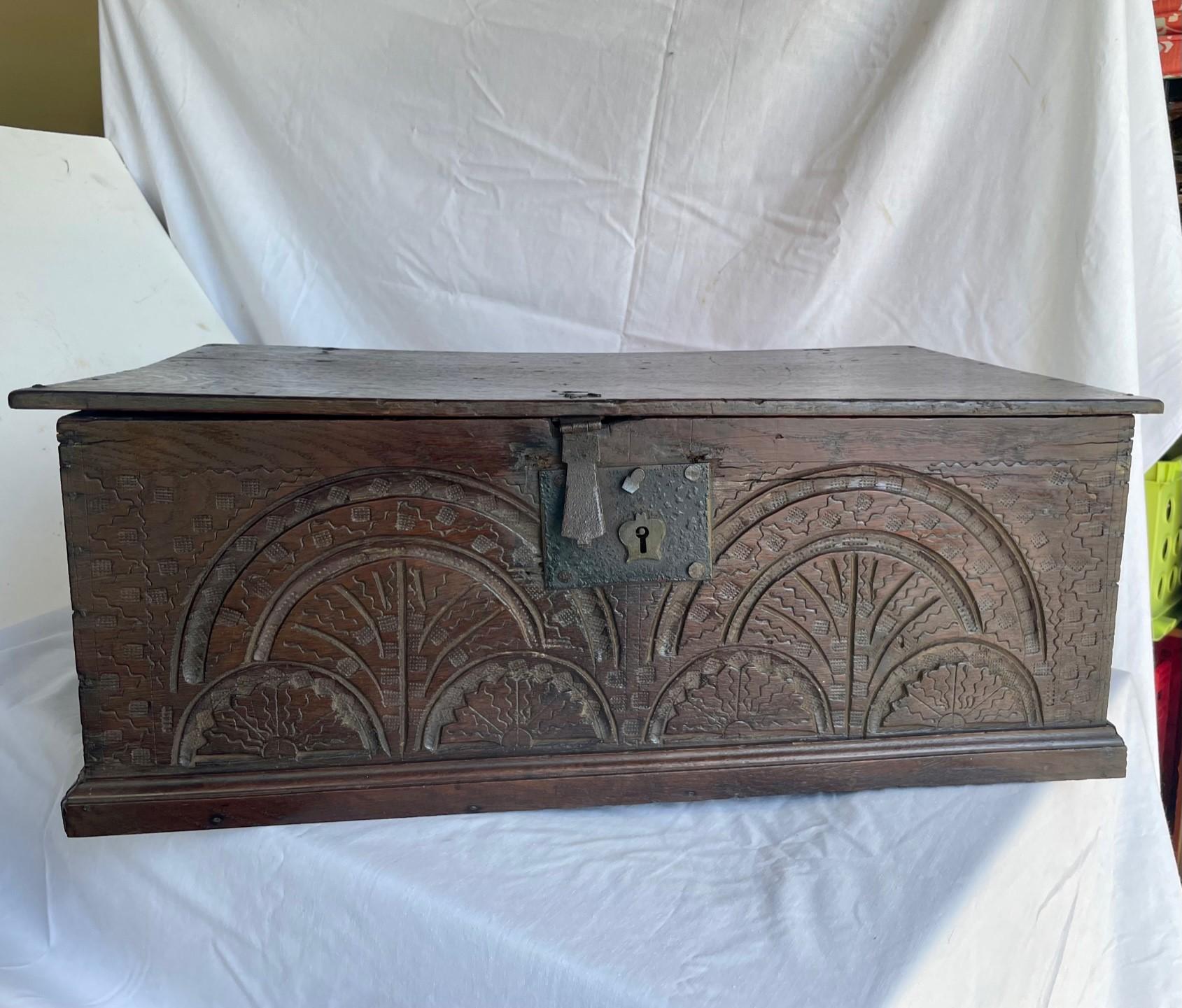 18th Century and Earlier 17th Century English Jacobean Carved Oak Bible Box. For Sale