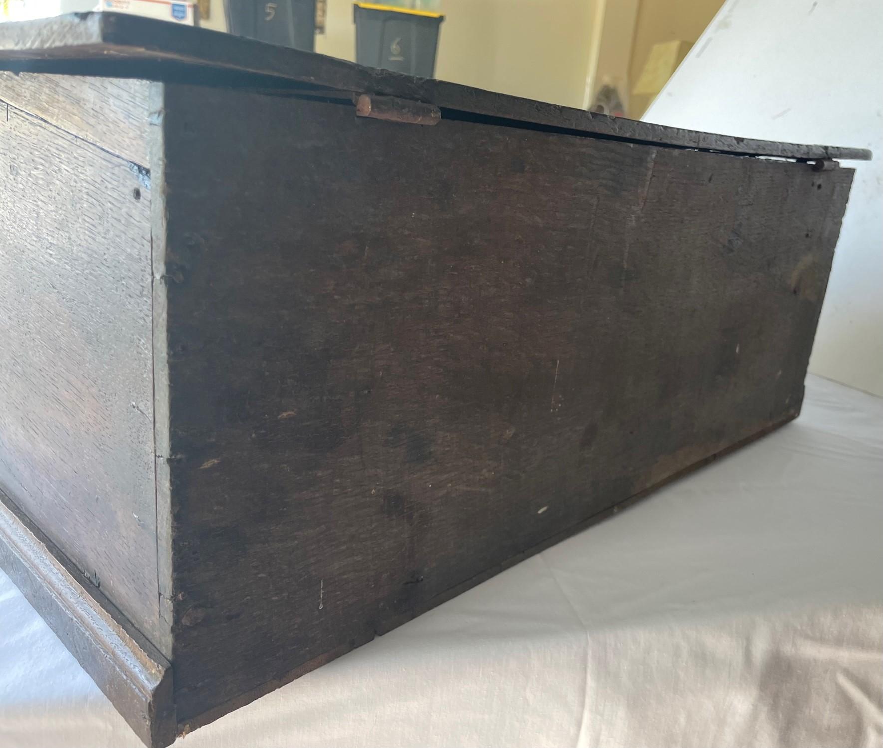 Wrought Iron 17th Century English Jacobean Carved Oak Bible Box. For Sale