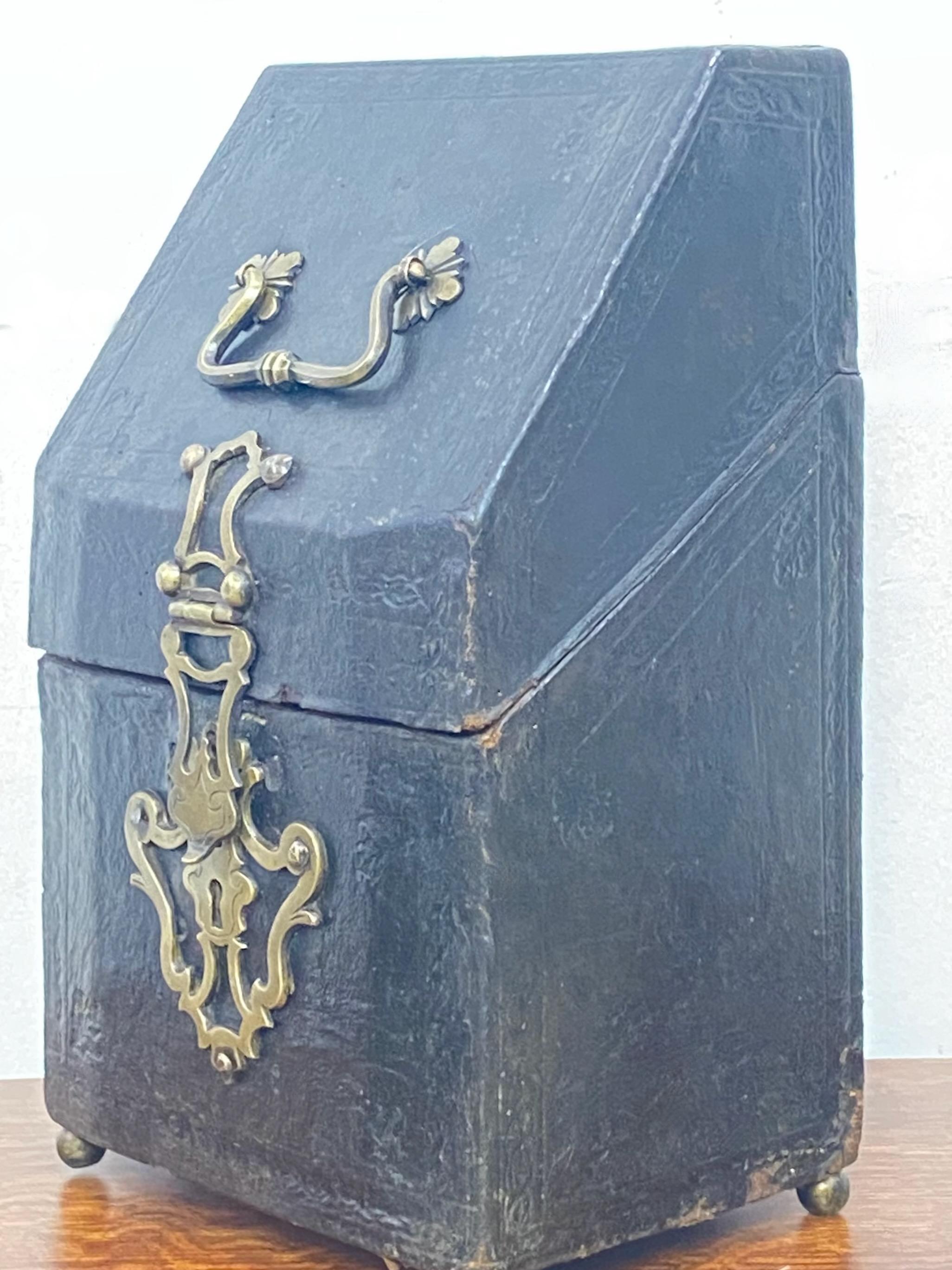 18th Century and Earlier 17th Century English Leather Covered Knife Box Converted To a Letter Box For Sale